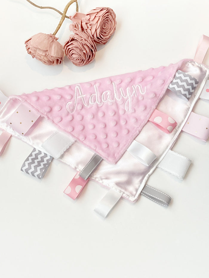 Large Satin and minky sensory lovey with ribbon tags, personalized comfort toy, baby shower gift for boy or girl size 24” choose colors