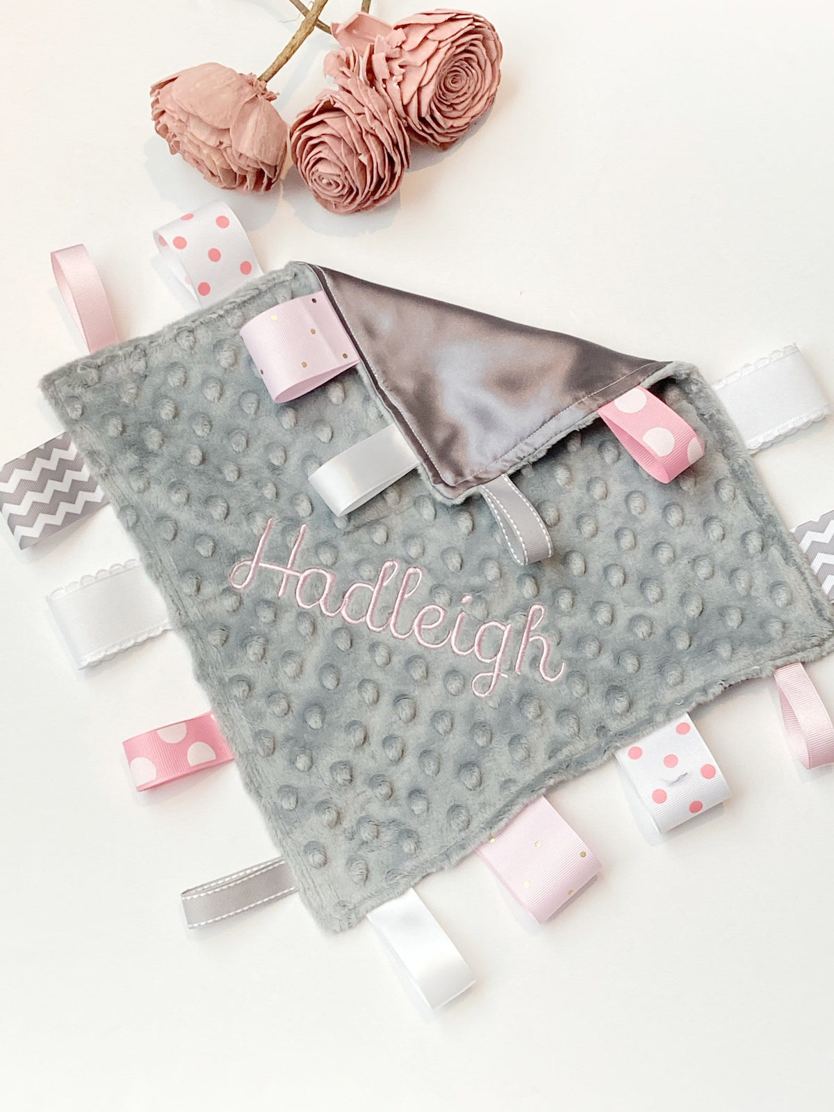 Large Satin and minky sensory lovey with ribbon tags, personalized comfort toy, baby shower gift for boy or girl size 24” choose colors