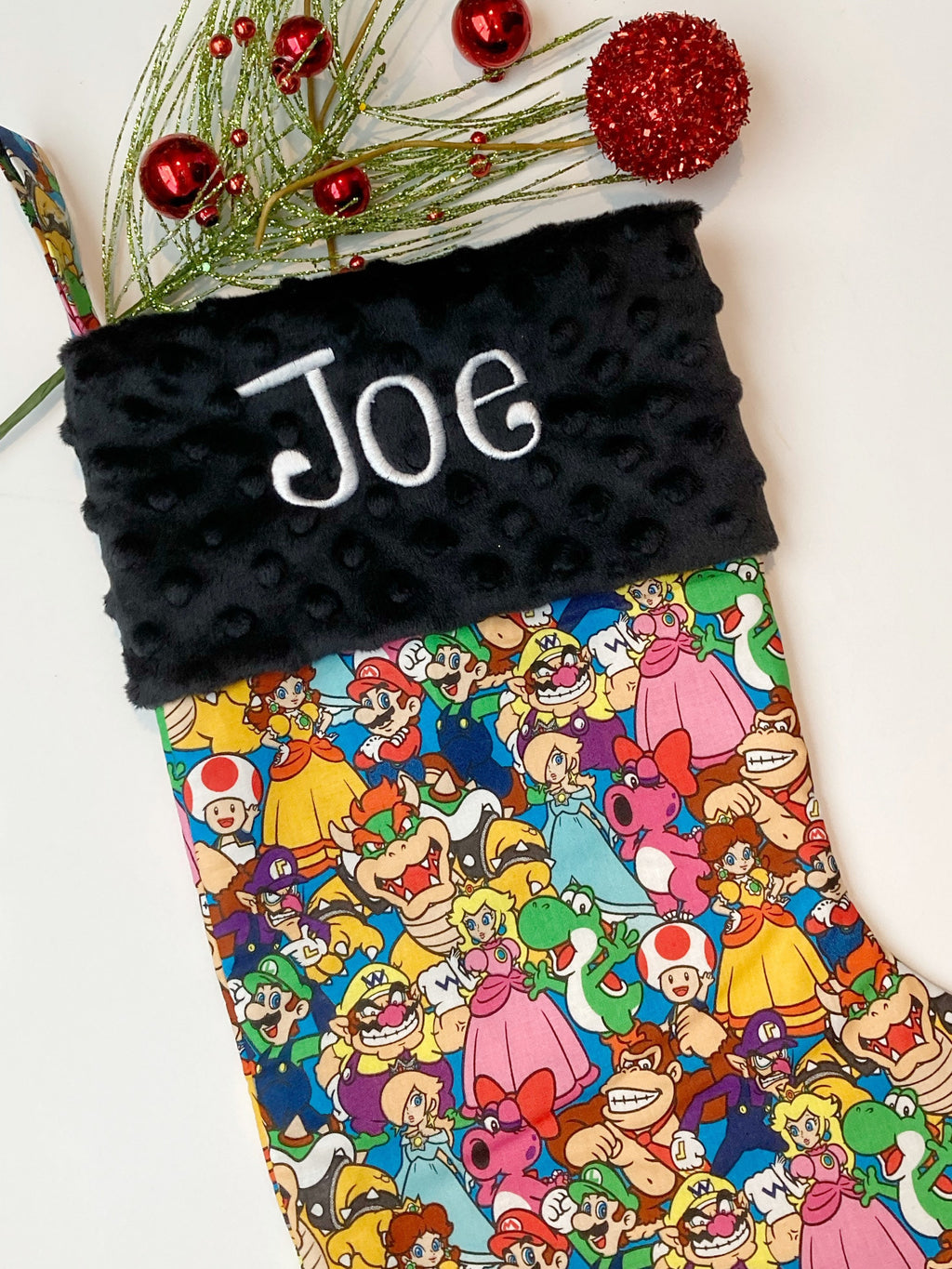 Personalized Christmas stocking made from Mario Luigi fabric, fully lined Cotton and Minky cuff, 18” large gamer holiday stocking