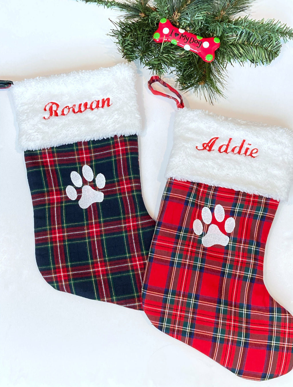 Pet Christmas stocking in red plaid or red and blue flannel, personalized cat dog stocking fully lined, embroidered paw and name option, 18”