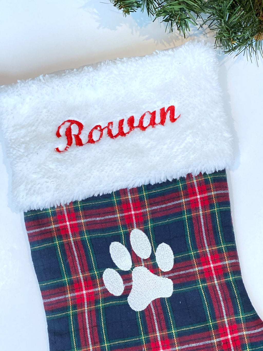Pet Christmas stocking in red plaid or red and blue flannel, personalized cat dog stocking fully lined, embroidered paw and name option, 18”