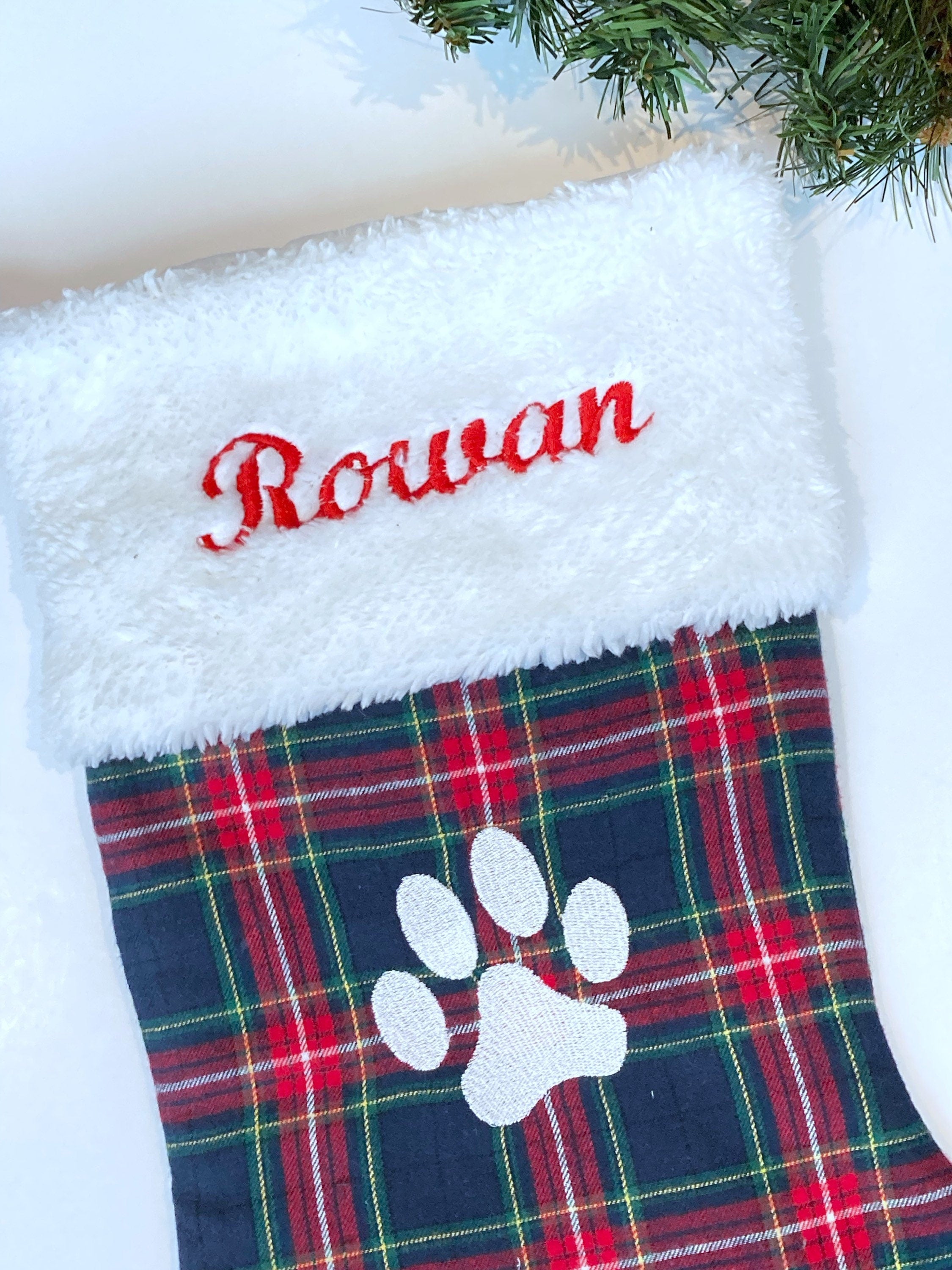 Pet Christmas stocking in red plaid or red and blue flannel, personalized cat dog stocking fully lined, embroidered paw and name option, 18”