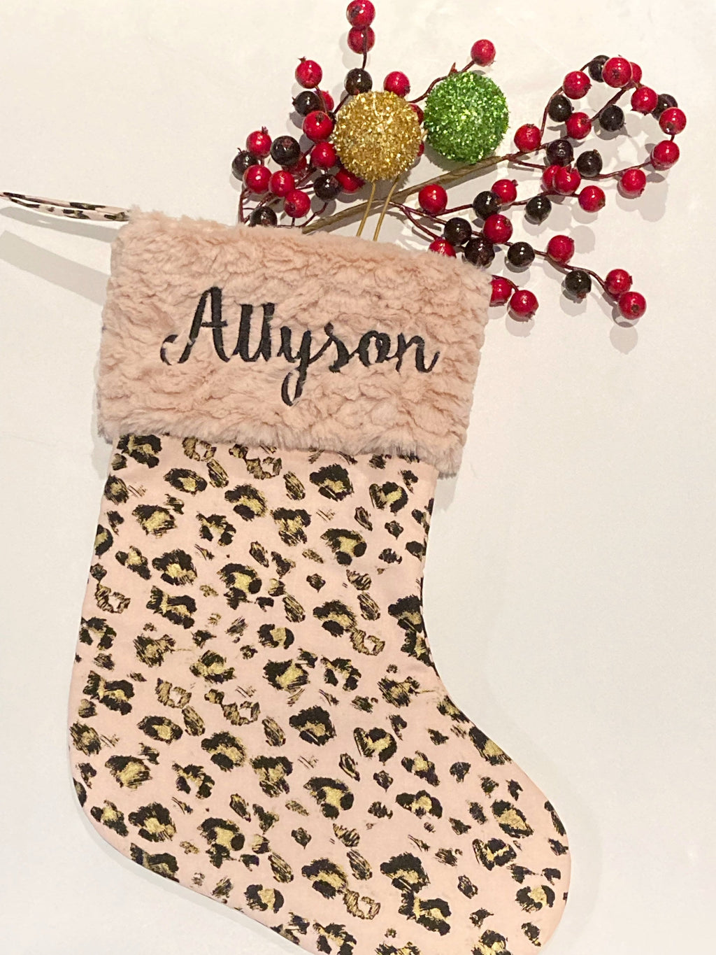 Personalize Rose gold Leopard Christmas stocking with minky or  fur cuff and fully lined 18” size, exotic animal print family holiday decor