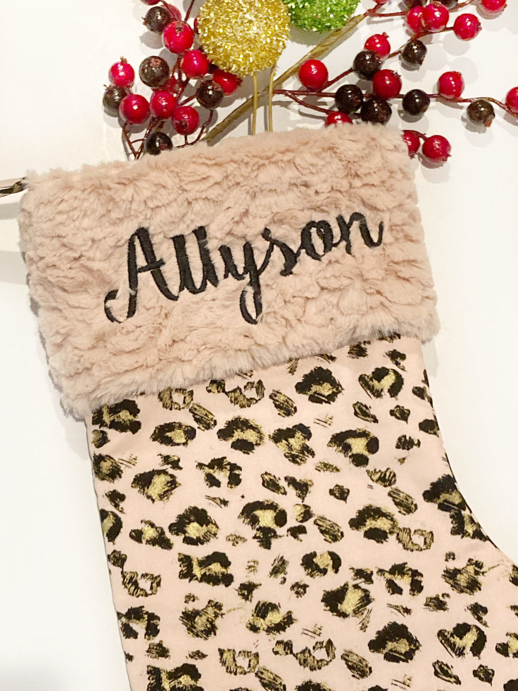 Personalize Rose gold Leopard Christmas stocking with minky or  fur cuff and fully lined 18” size, exotic animal print family holiday decor