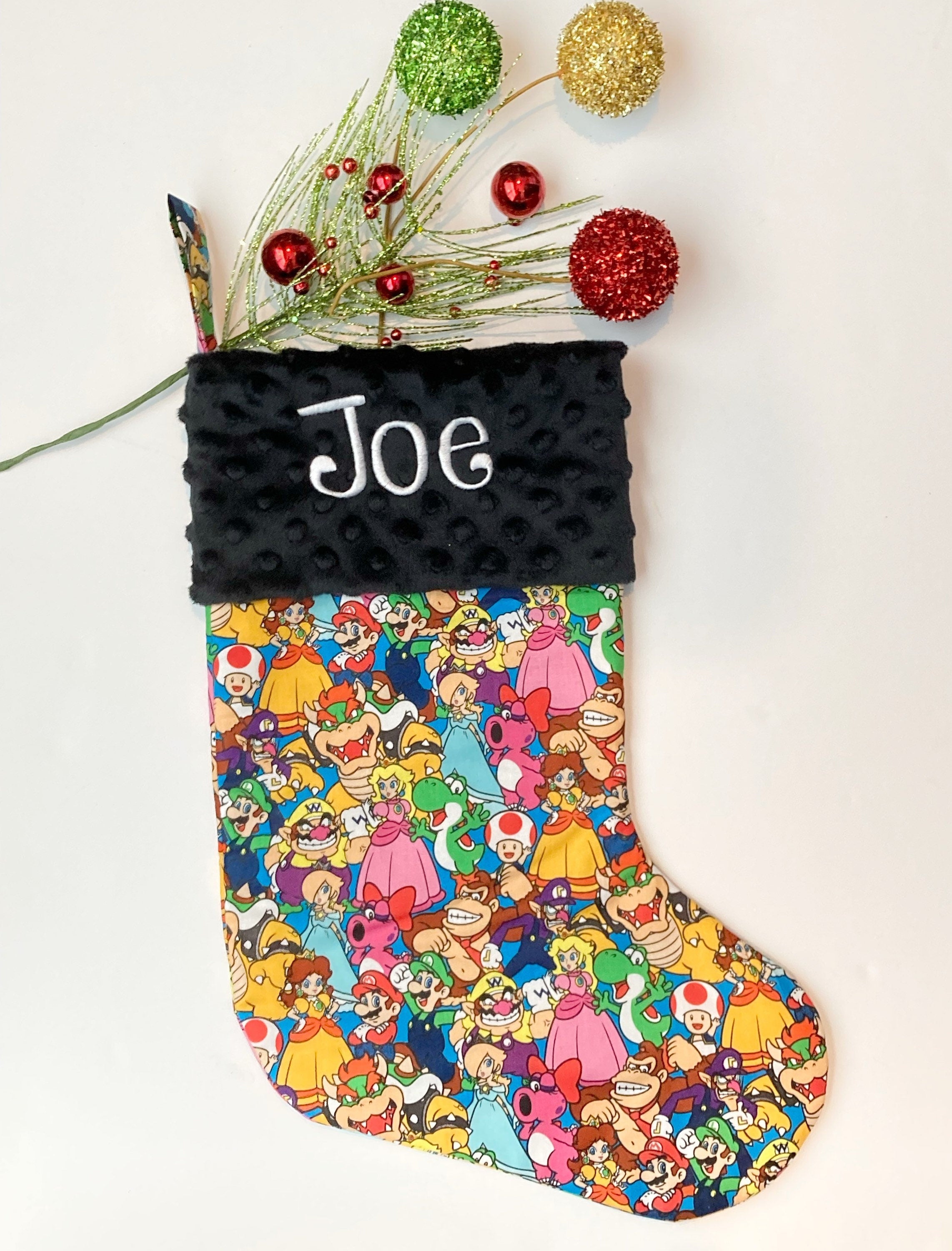 Personalized Christmas stocking made from Mario Luigi fabric, fully lined Cotton and Minky cuff, 18” large gamer holiday stocking