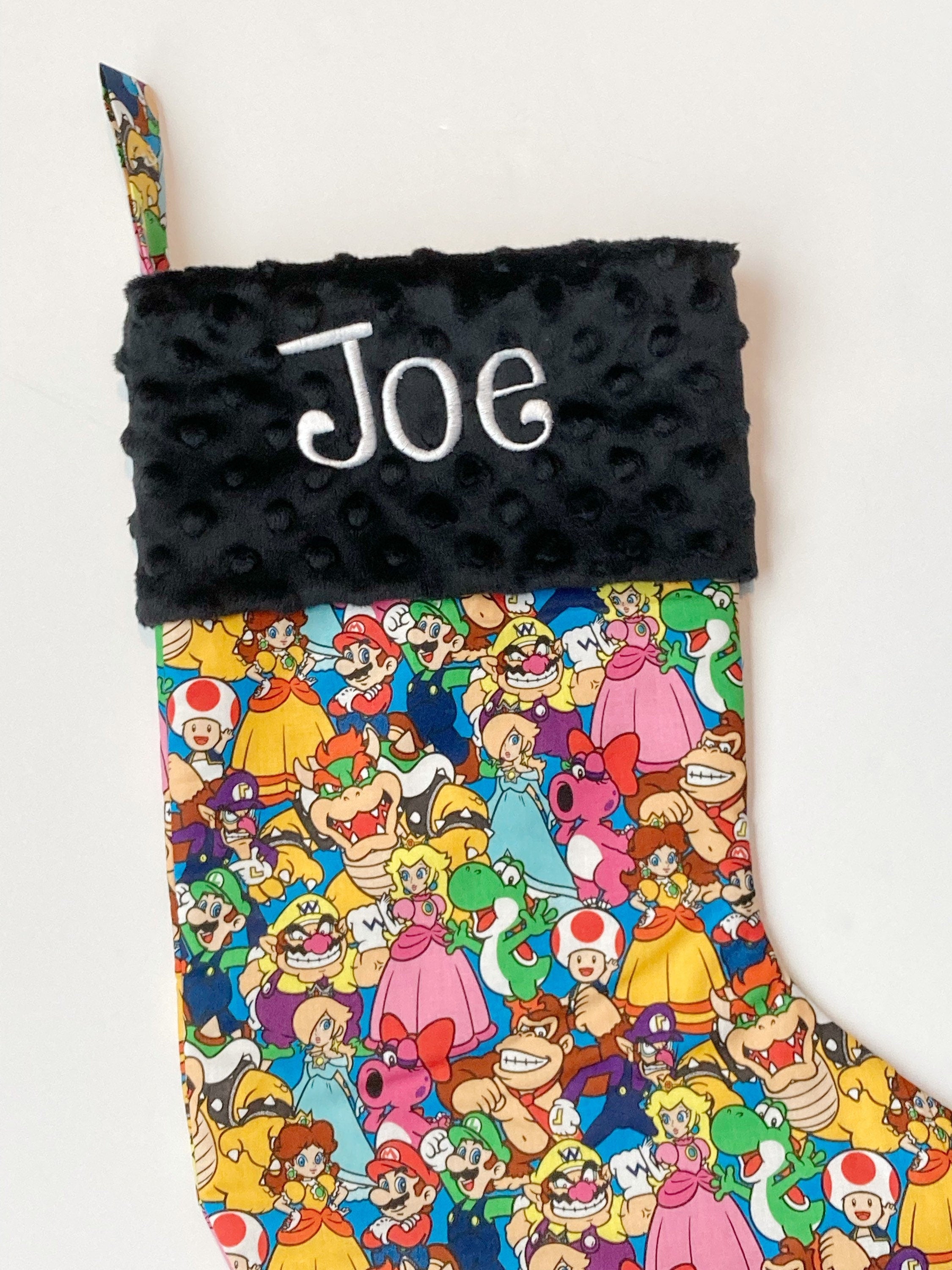 Personalized Christmas stocking made from Mario Luigi fabric, fully lined Cotton and Minky cuff, 18” large gamer holiday stocking