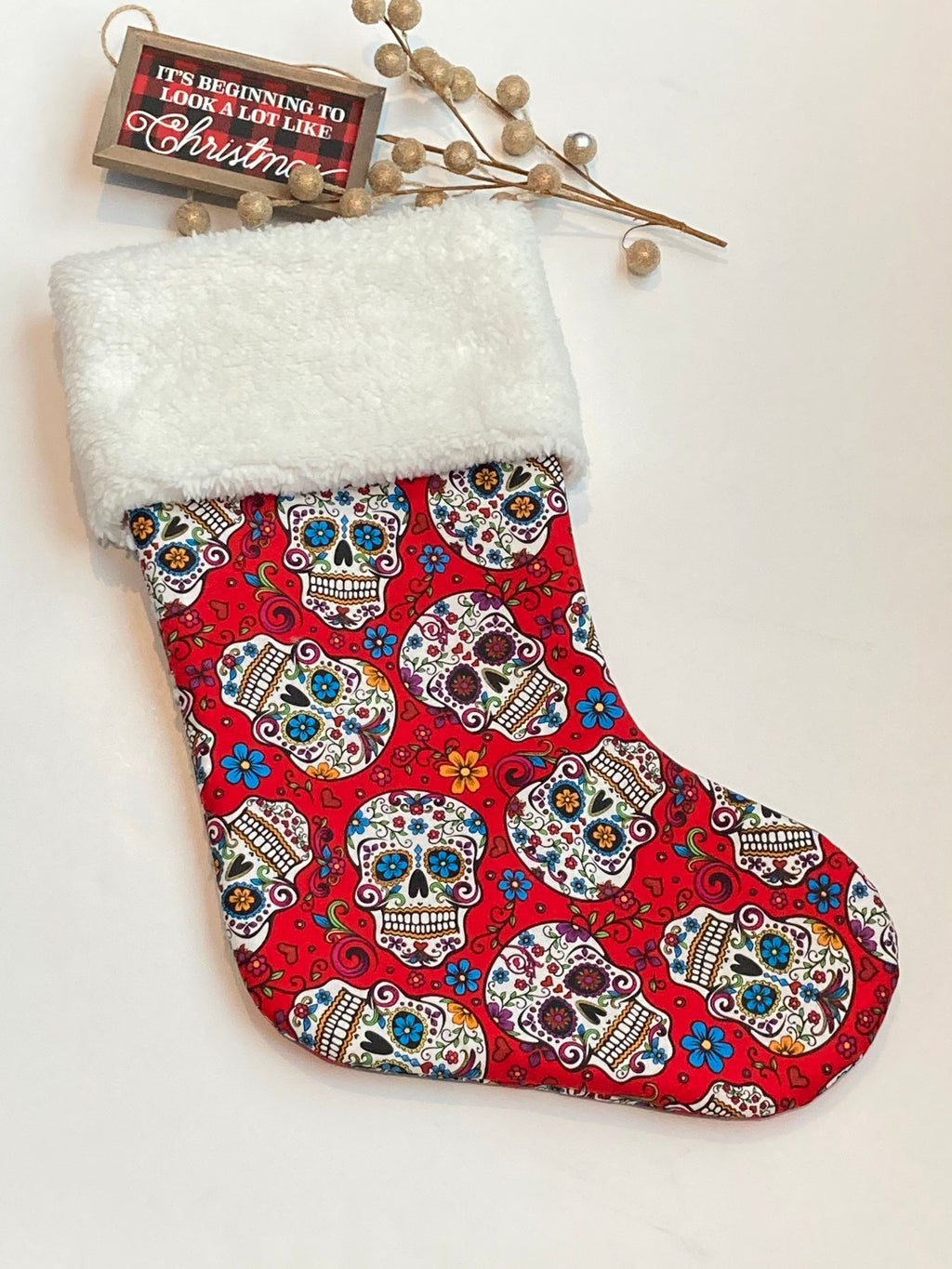 Sugar Skull personalized Christmas stocking, glitter black sugar skull or red Cotton and Minky cuff, fully lined 18” stocking