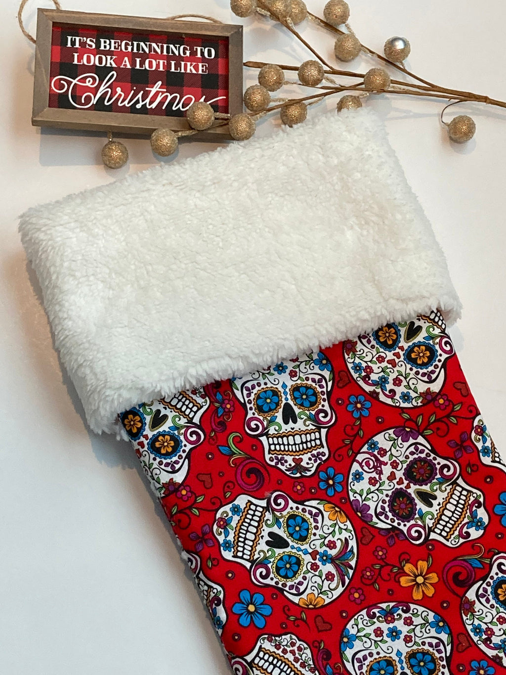 Sugar Skull personalized Christmas stocking, glitter black sugar skull or red Cotton and Minky cuff, fully lined 18” stocking
