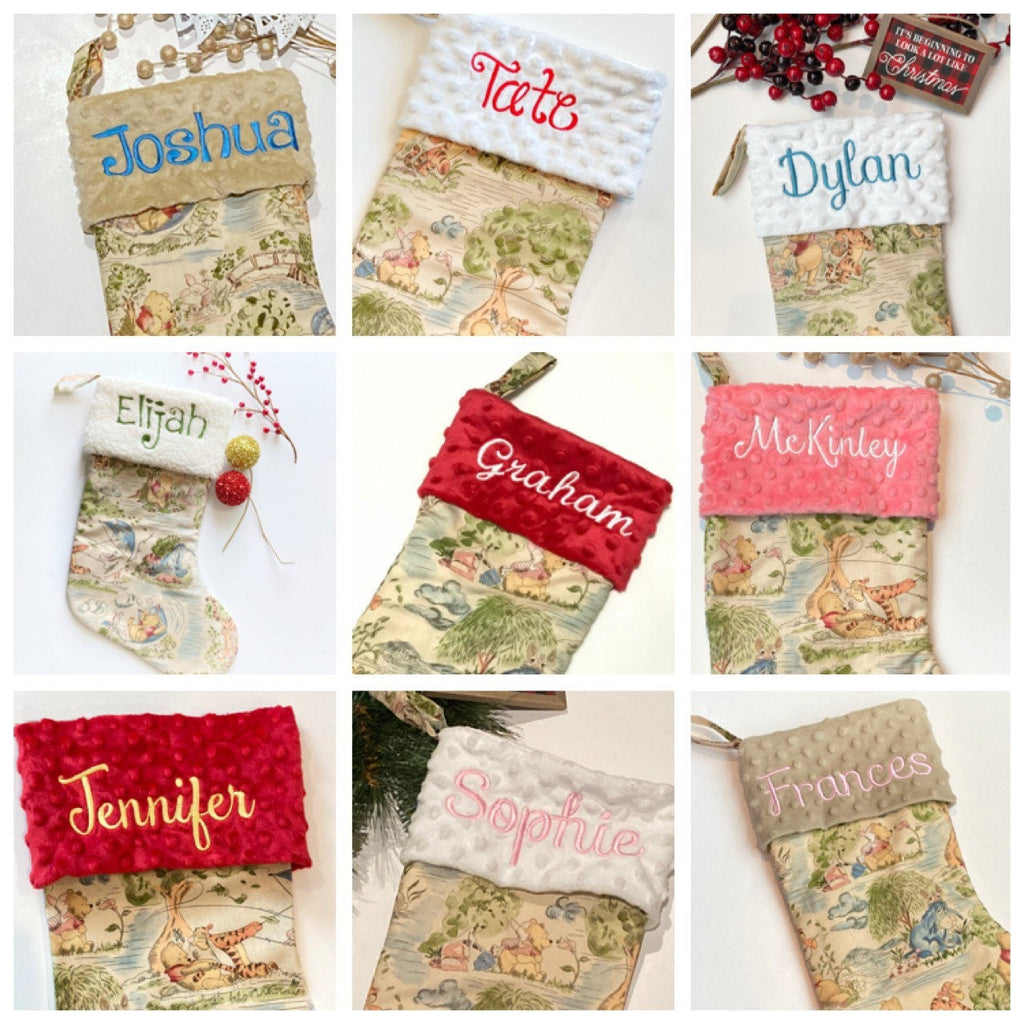 Extra large 22” x 11” personalized Christmas stocking for baby child and adult made from Winnie the Pooh fabric, cotton and minky, lined
