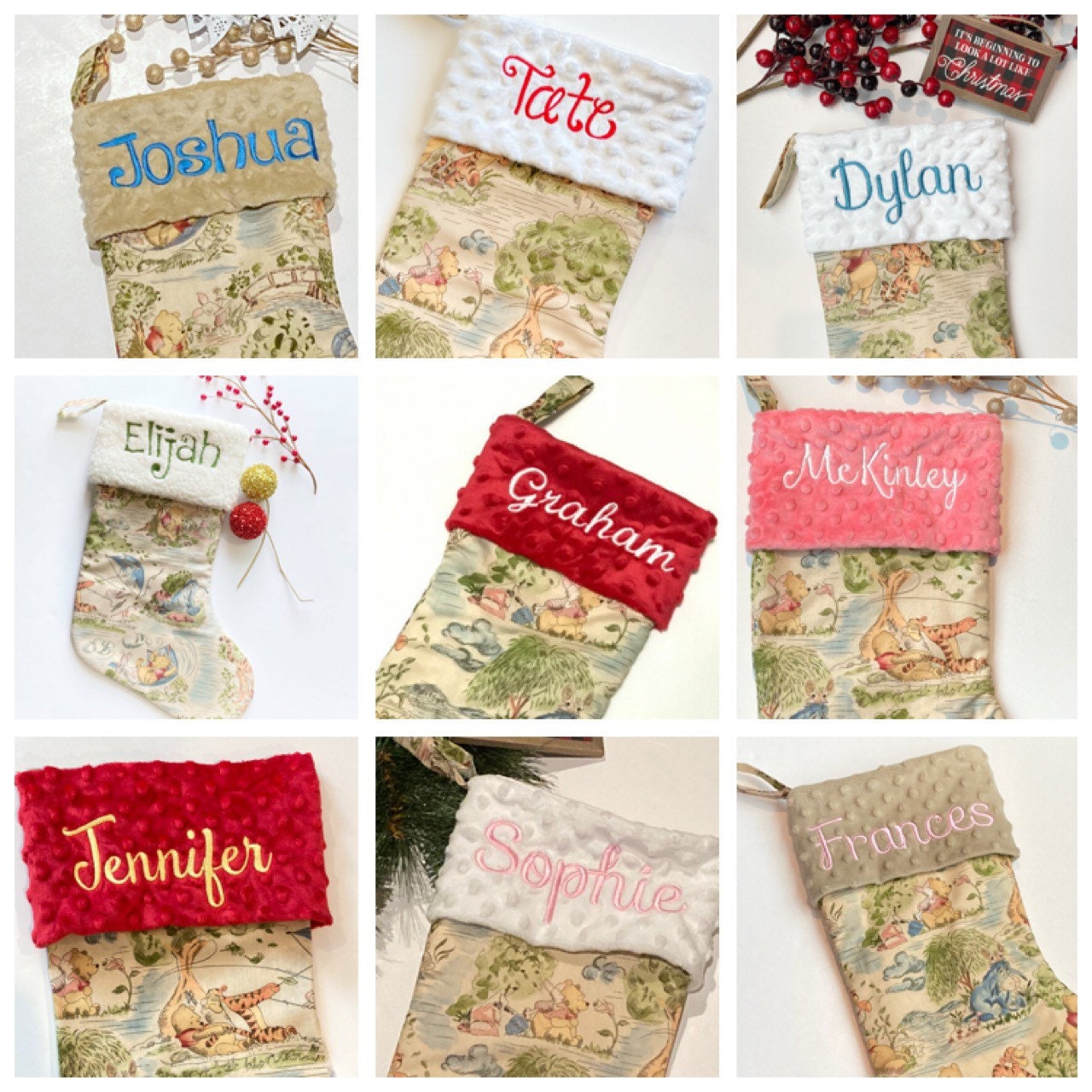 Extra large 22” x 11” personalized Christmas stocking for baby child and adult made from Winnie the Pooh fabric, cotton and minky, lined
