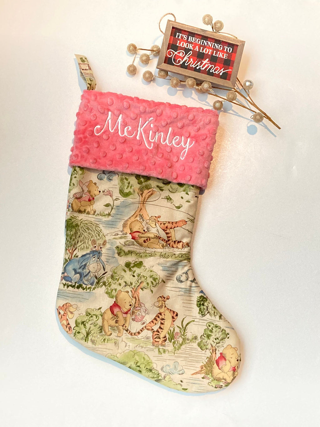 Personalized Christmas stocking for baby child and adult made from Winnie the Pooh fabric, 18” or 22” lined stocking in Cotton and Minky