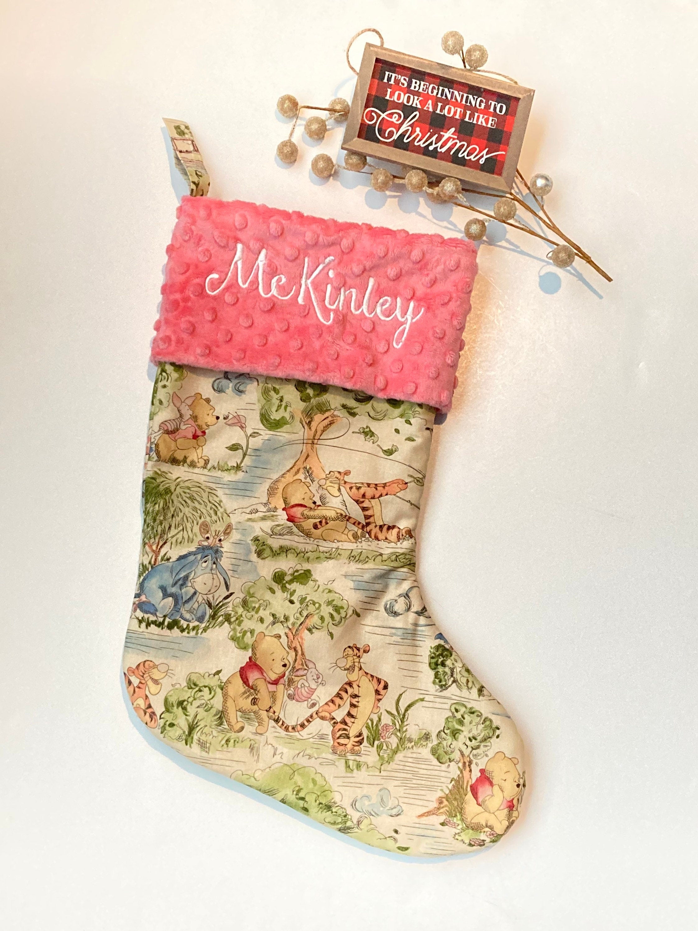 Personalized Christmas stocking for baby child and adult made from Winnie the Pooh fabric, 18” or 22” lined stocking in Cotton and Minky