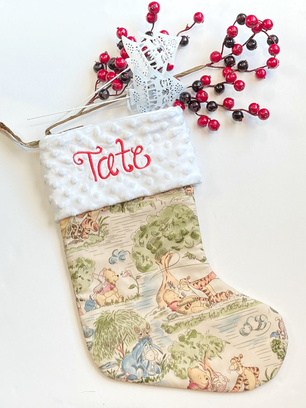Personalized option Christmas stocking made from Winnie the Pooh fabric cotton and fully lined, minky or fur cuff colors, 18” x 8” size