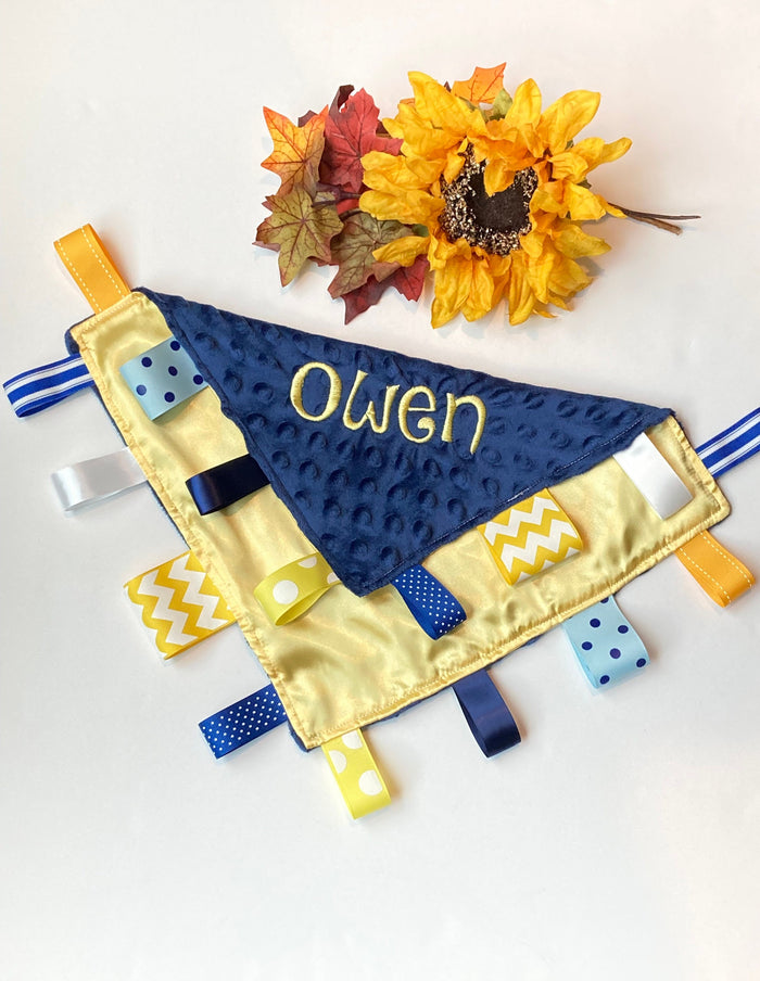 Satin and minky sensory Blanket lovey ~ ribbon tag ~ personalize sensory toy ~ baby shower gift ~ baby boy girl lovey - 12" - choose colors