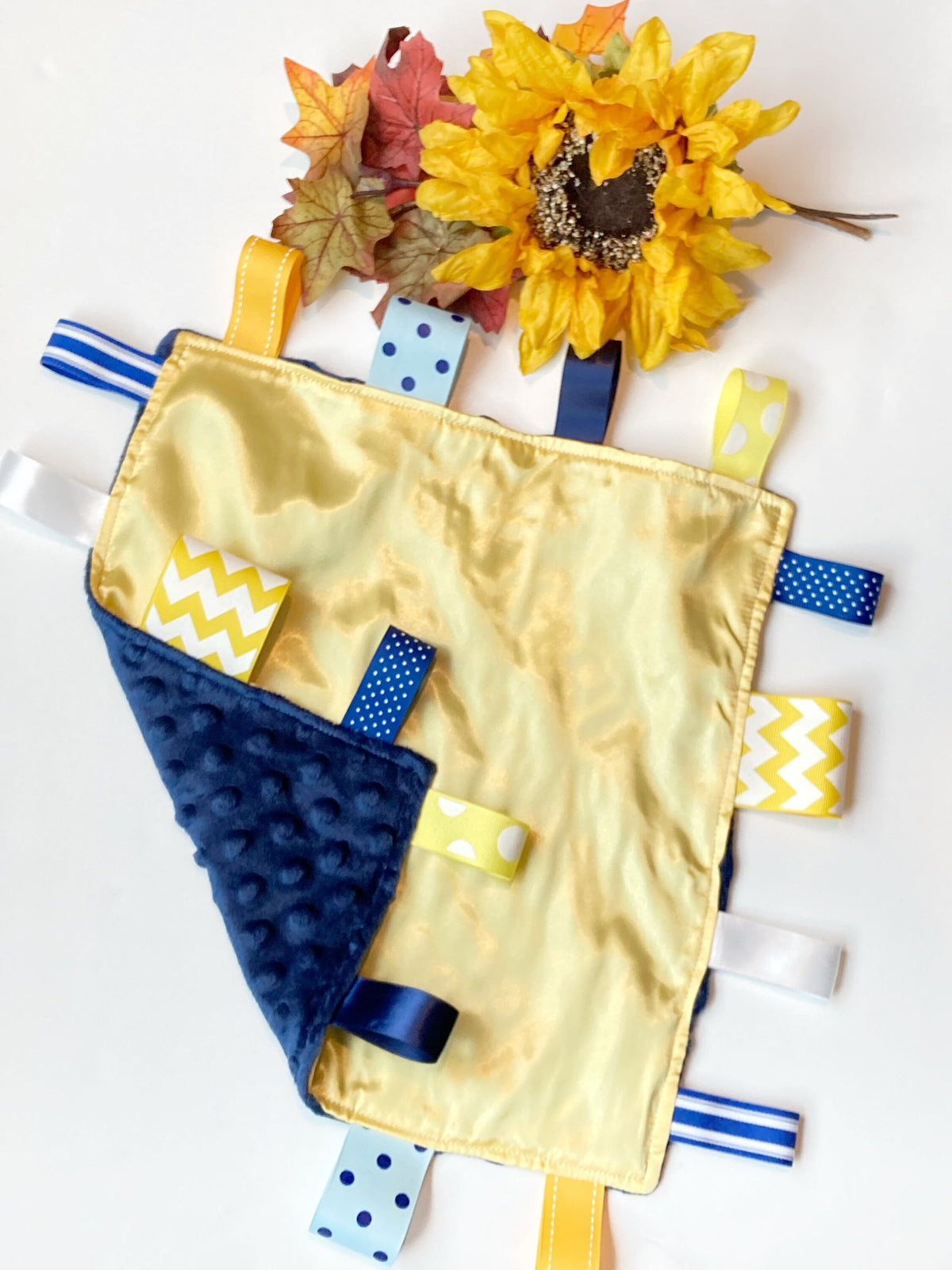 Satin and minky sensory Blanket lovey ~ ribbon tag ~ personalize sensory toy ~ baby shower gift ~ baby boy girl lovey - 12" - choose colors