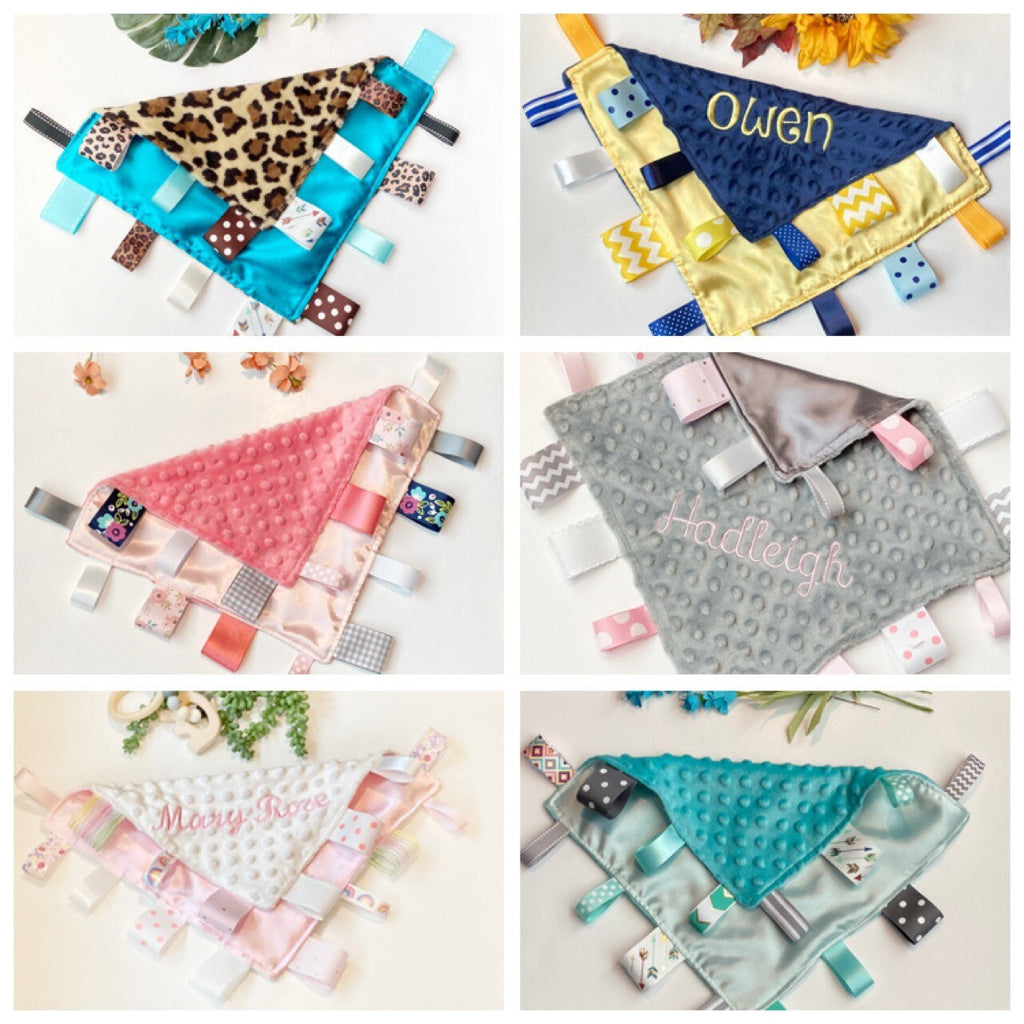 Personalized Satin Minky Ribbon Tag Lovey: 12" Sensory Blanket