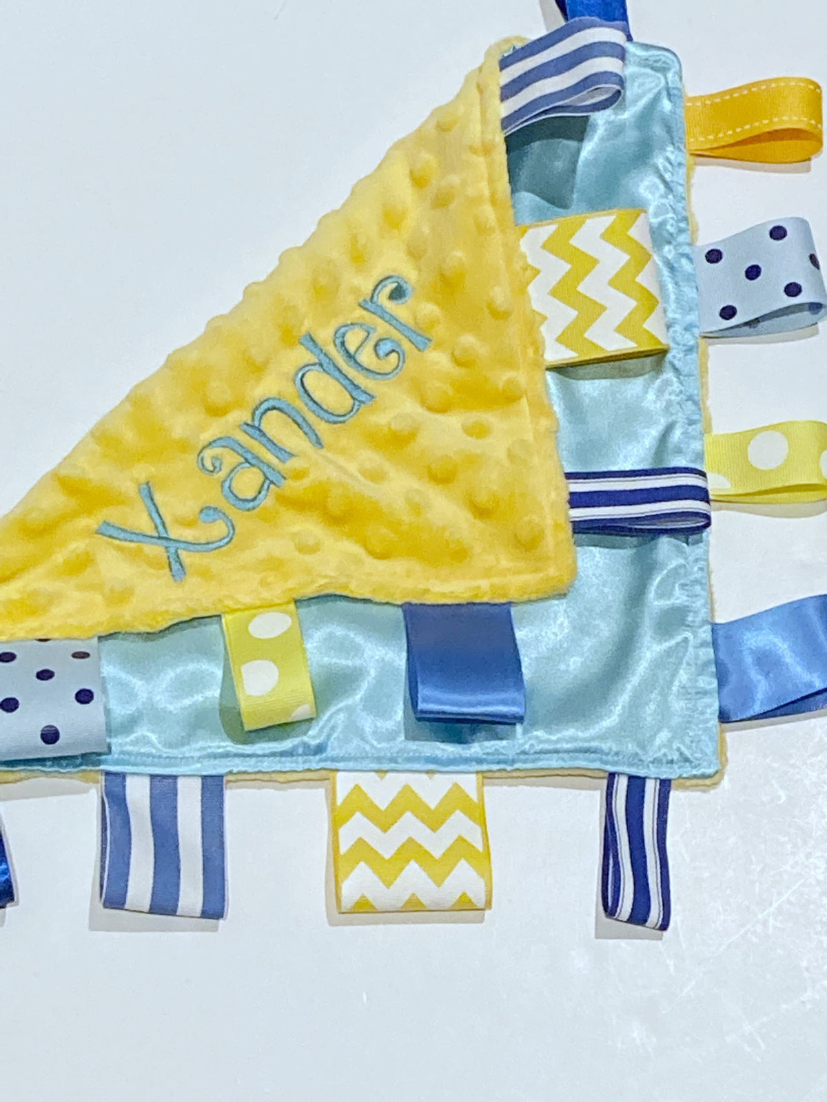 Satin and minky sensory lovey with ribbon tags and personalize option for baby shower gift for boy girl or adult 12" calming, choose colors