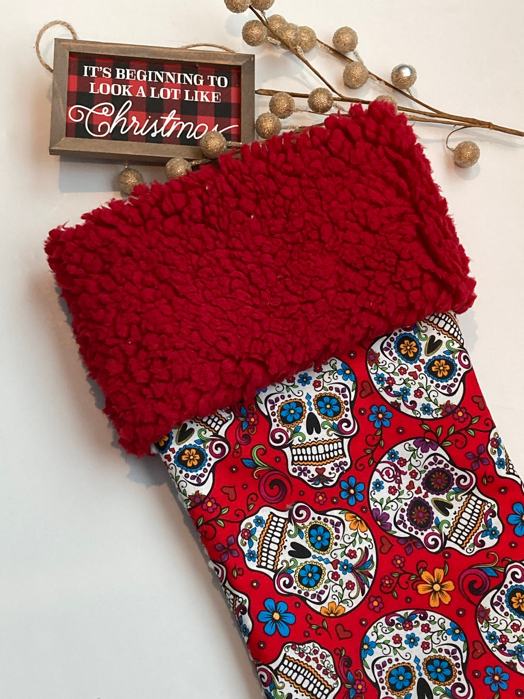 Sugar Skull personalized Christmas stocking, glitter black sugar skull or red Cotton and Minky cuff, fully lined 18” stocking