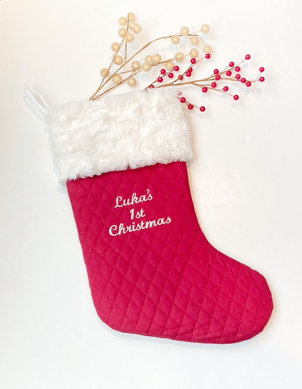 Personalizable cranberry red quilted stocking, fully lined with white luxe fur cuff 18” heirloom, quality handmade