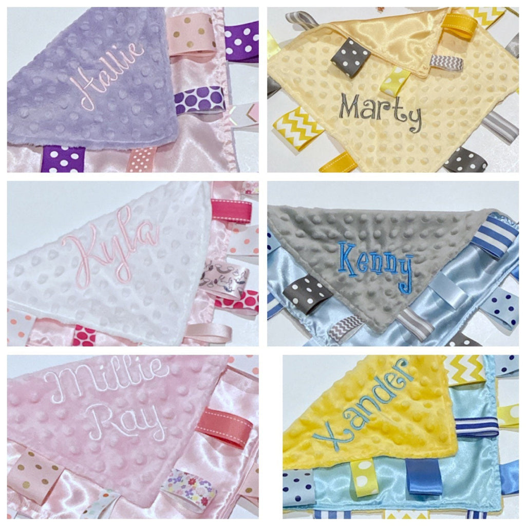 Personalized Satin Minky Ribbon Tag Lovey: 12" Sensory Blanket