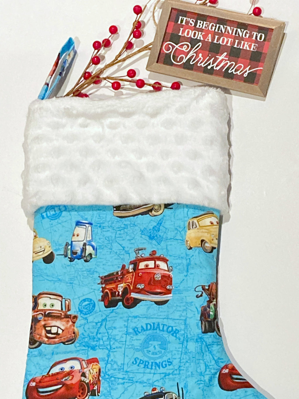 Personalized Christmas stocking for  child or adult made from Pixar Cars fabric, 18” fully lined stocking, Cotton and Minky