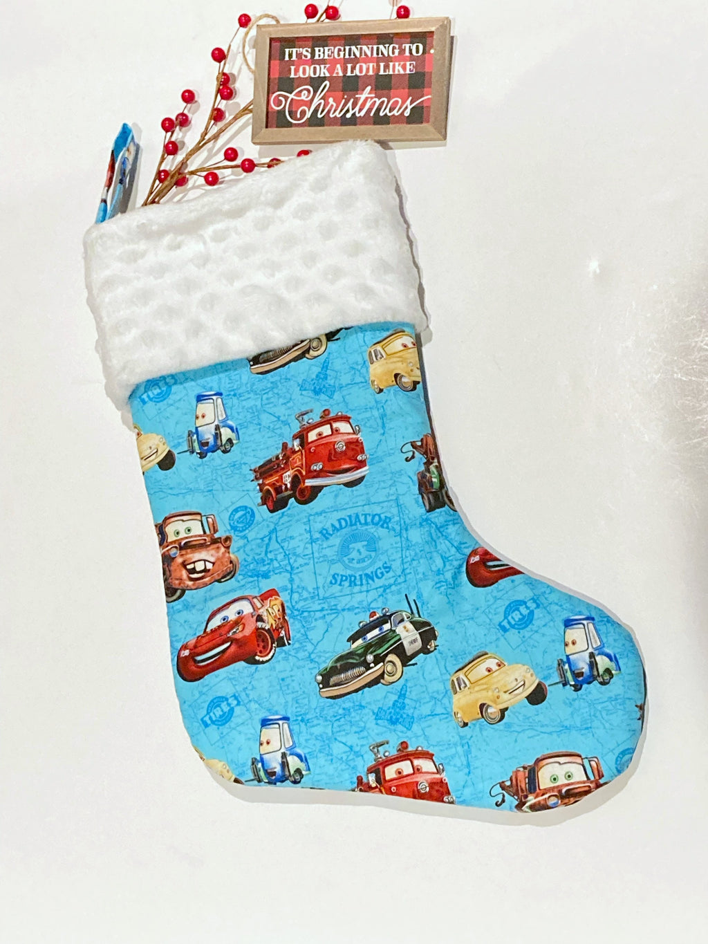 Personalized Christmas stocking for  child or adult made from Pixar Cars fabric, 18” fully lined stocking, Cotton and Minky