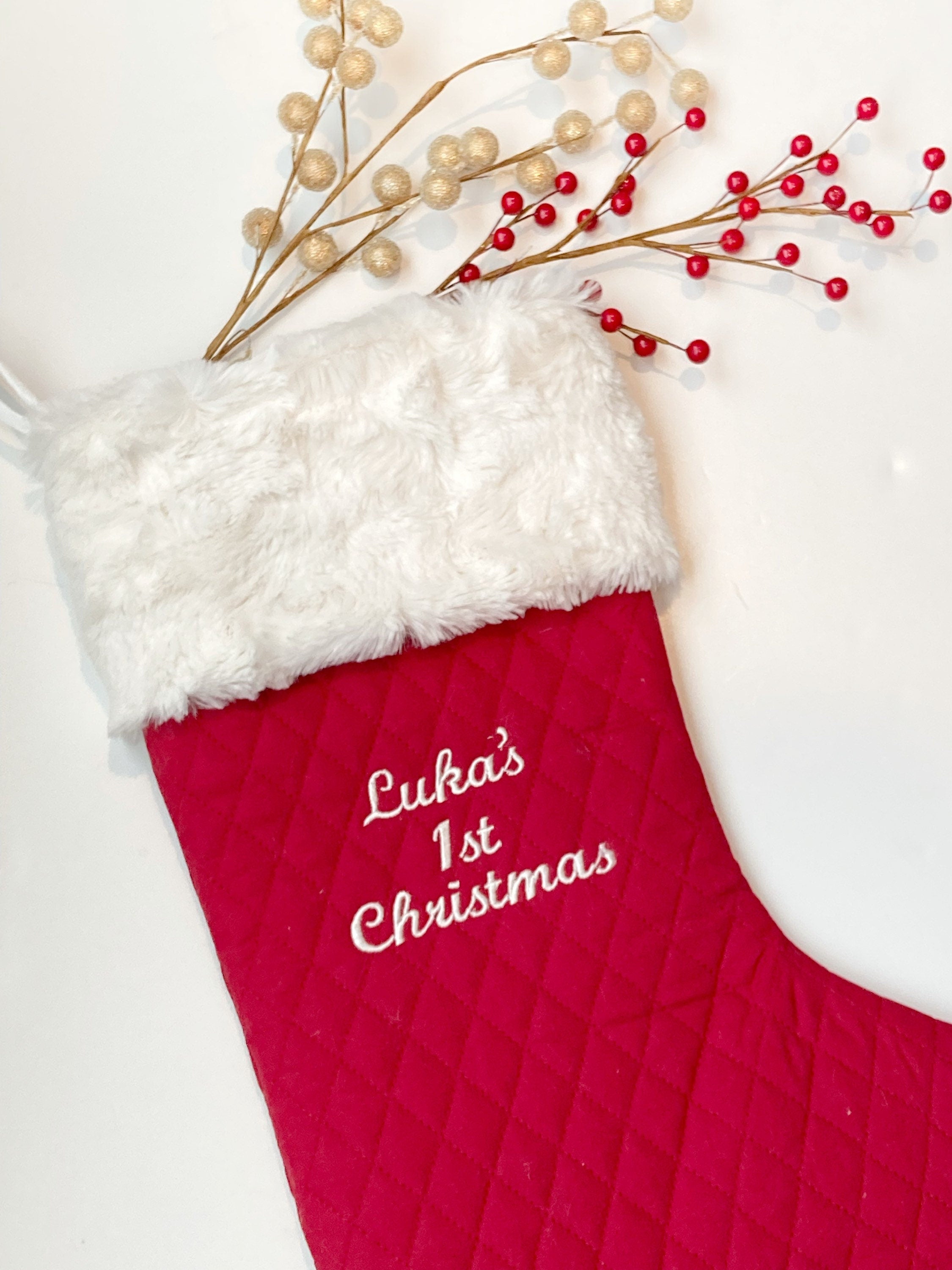 Personalized Baby’s First Christmas stocking, fully lined boy or girl newborn gift, quilted and luxe fur cuff 18” heirloom, quality handmade