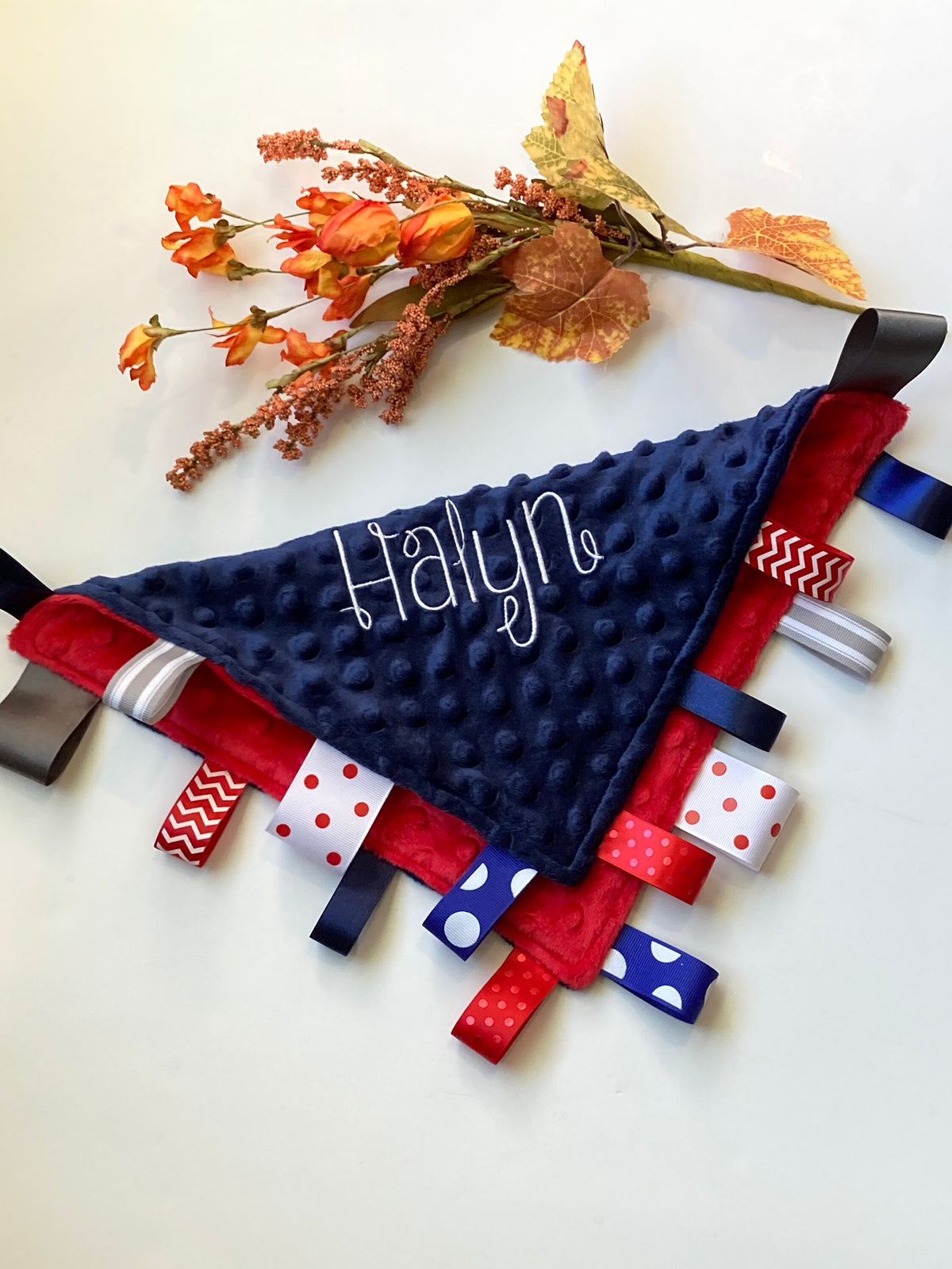 Personalized double sided minky sensory Blanket lovey with ribbon tags for boy or girl 12", choose colors