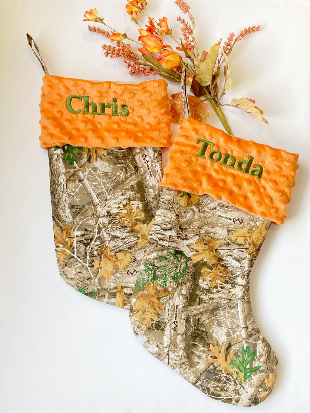 Personalized Christmas stocking for hunting fans in hunter camouflage with minky dot cuff of color choice  18” fully lined pink camo option