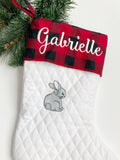 Woodlands rabbit Christmas stocking with buffalo plaid cuff in quilted fabric, personalized embroidered and fully lined 18”