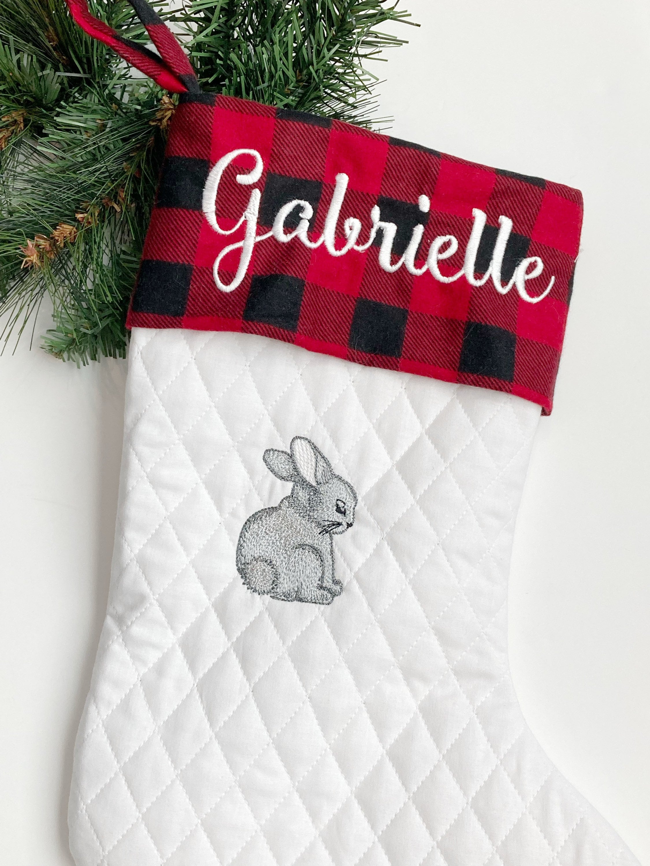 Woodlands rabbit Christmas stocking with buffalo plaid cuff in quilted fabric, personalized embroidered and fully lined 18”