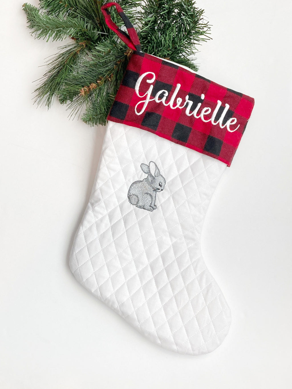 Woodlands rabbit Christmas stocking with buffalo plaid cuff in quilted fabric, personalized embroidered and fully lined 18”