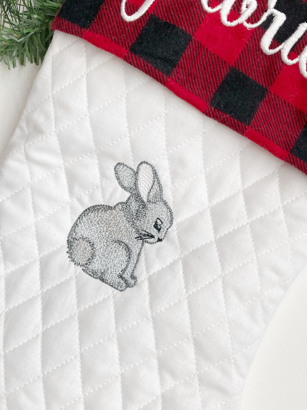 Woodlands rabbit Christmas stocking with buffalo plaid cuff in quilted fabric, personalized embroidered and fully lined 18”