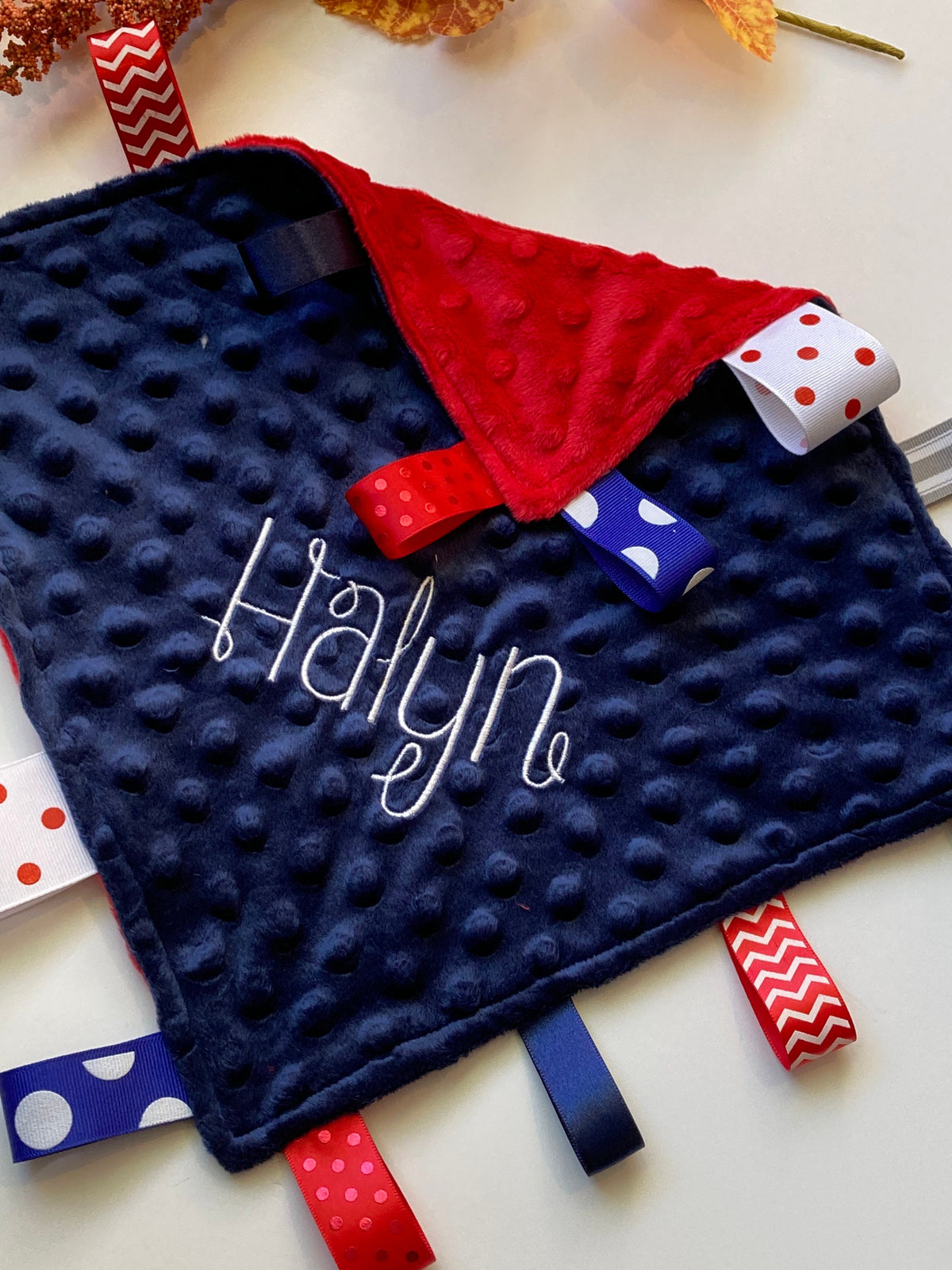 Personalizable double sided minky sensory lovey with ribbon tags for baby boy or girl or even pet, 12" size choose colors