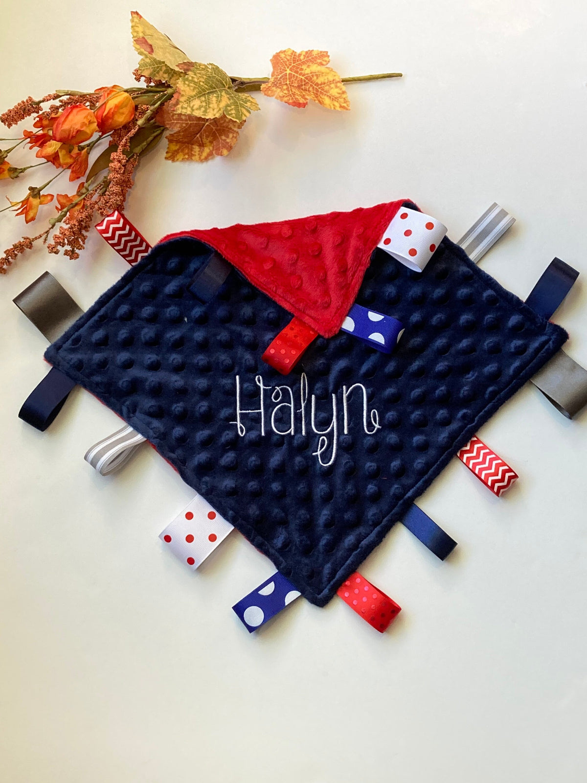 Personalized double sided minky sensory Blanket lovey with ribbon tags for boy or girl 12", choose colors