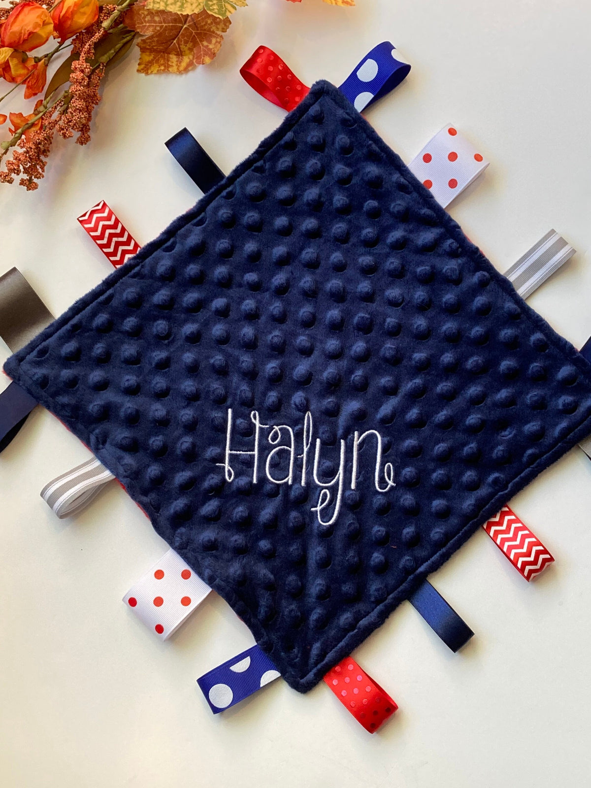 Personalized double sided minky sensory Blanket lovey with ribbon tags for boy or girl 12", choose colors