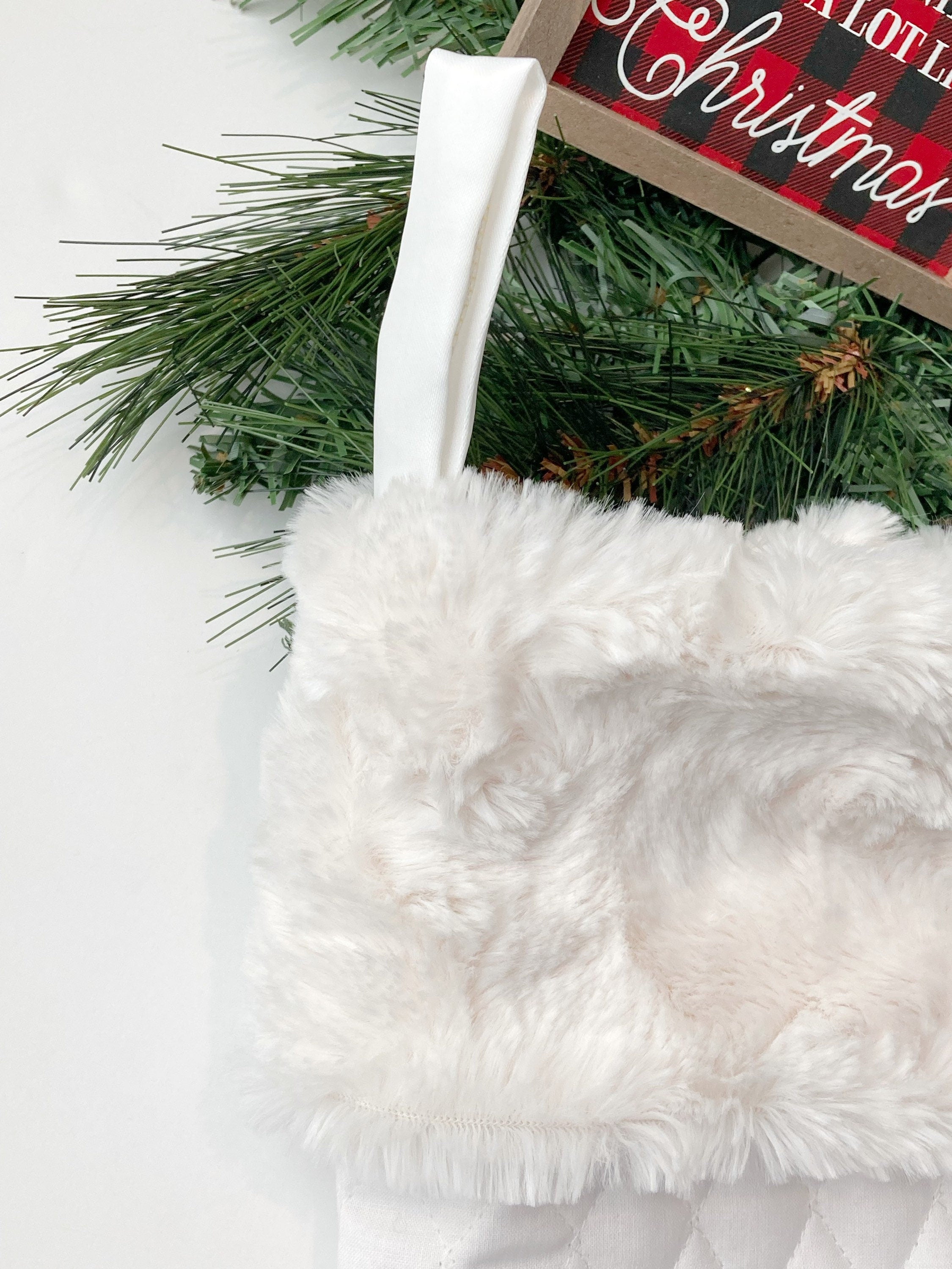 Quilted natural or white cotton Christmas stocking personalized with fur or minky cuff in 18” size, heirloom, family