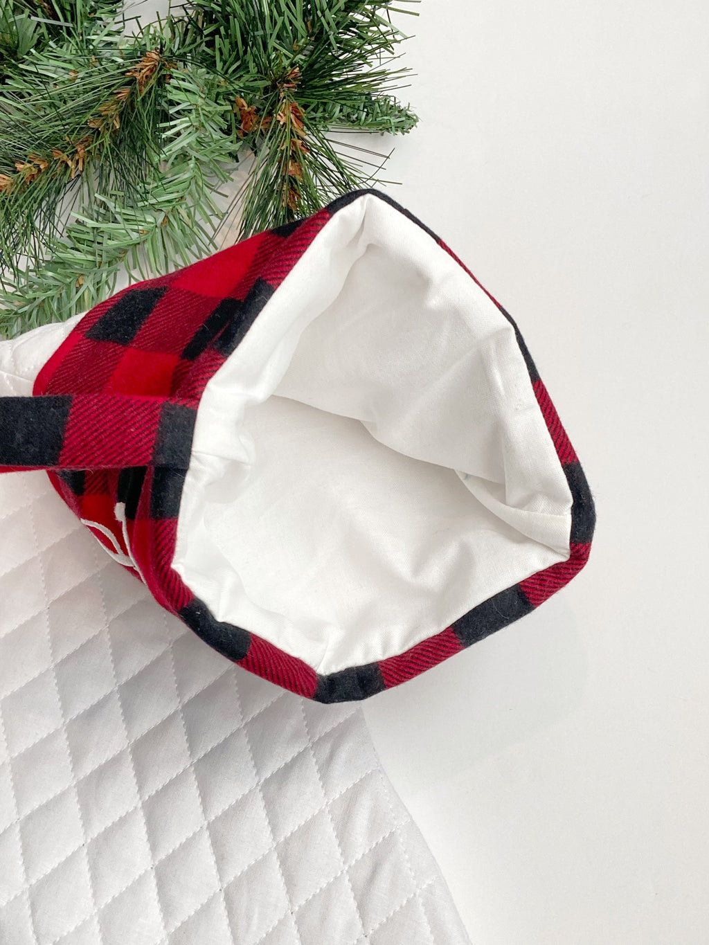 Woodlands rabbit Christmas stocking with buffalo plaid cuff in quilted fabric, personalized embroidered and fully lined 18”