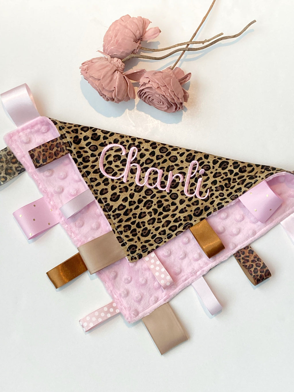 Cheetah leopard Sensory Blanket lovey, ribbon tag toy, can personalize, Cotton minky baby shower gift, add crinkle