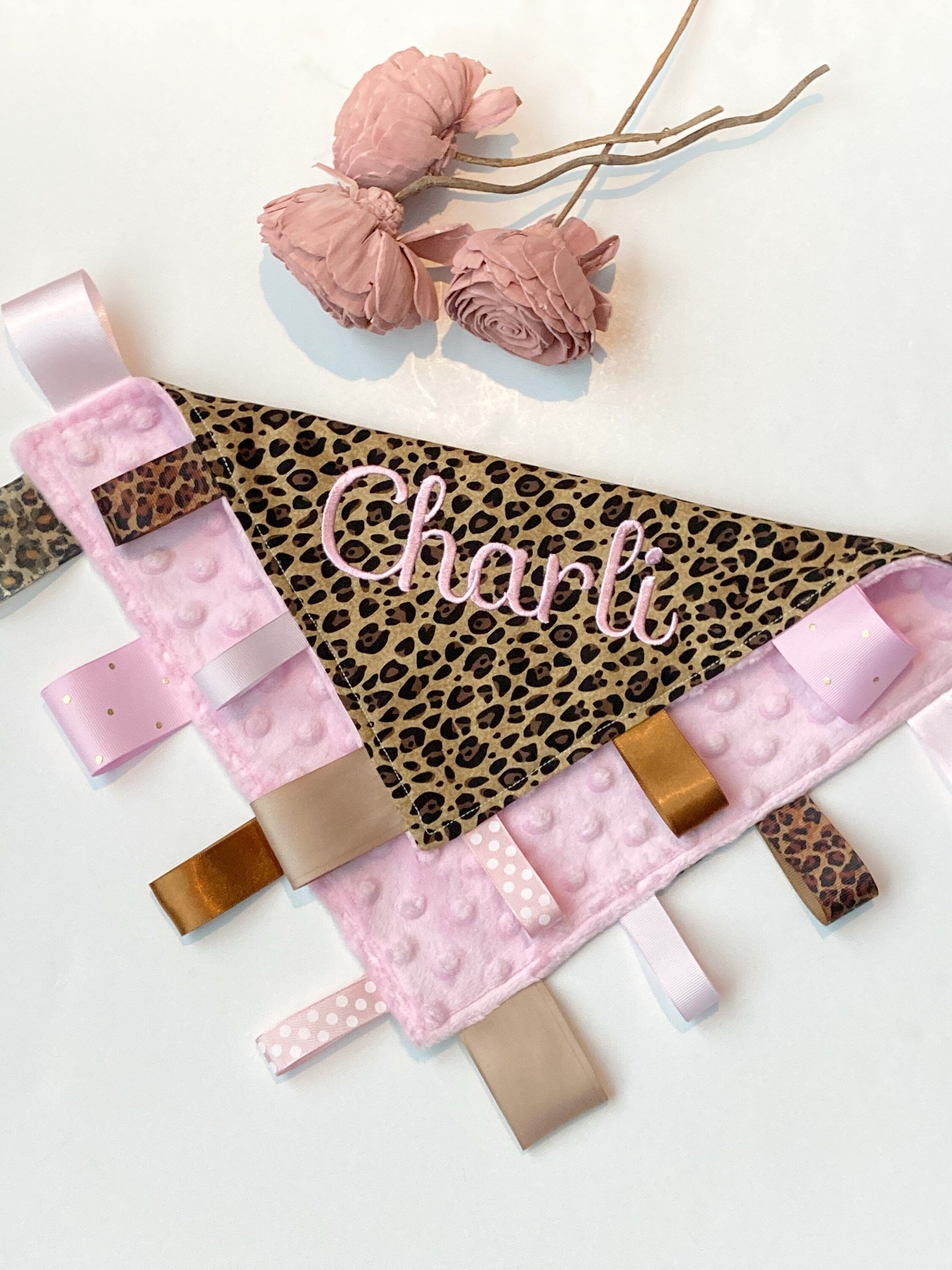 Cheetah leopard Sensory Blanket lovey, ribbon tag toy, can personalize, Cotton minky baby shower gift, add crinkle