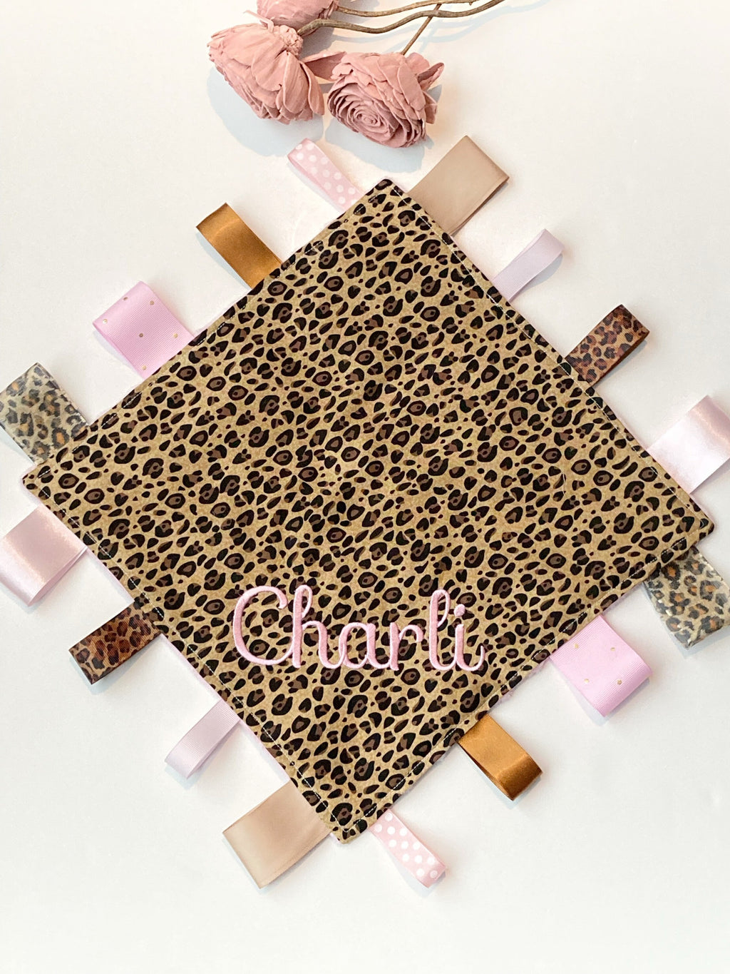 Cheetah leopard Sensory Blanket lovey, ribbon tag toy, can personalize, Cotton minky baby shower gift, add crinkle