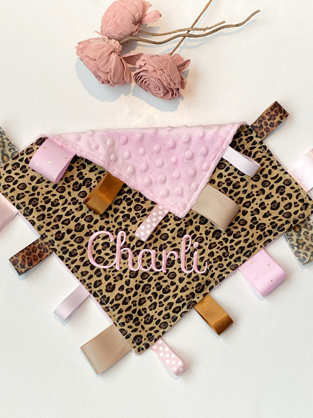 Cheetah leopard Sensory Blanket lovey, ribbon tag toy, can personalize, Cotton minky baby shower gift, add crinkle