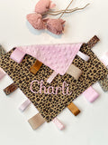 Cheetah leopard Sensory Blanket lovey, ribbon tag toy, can personalize, Cotton minky baby shower gift, add crinkle