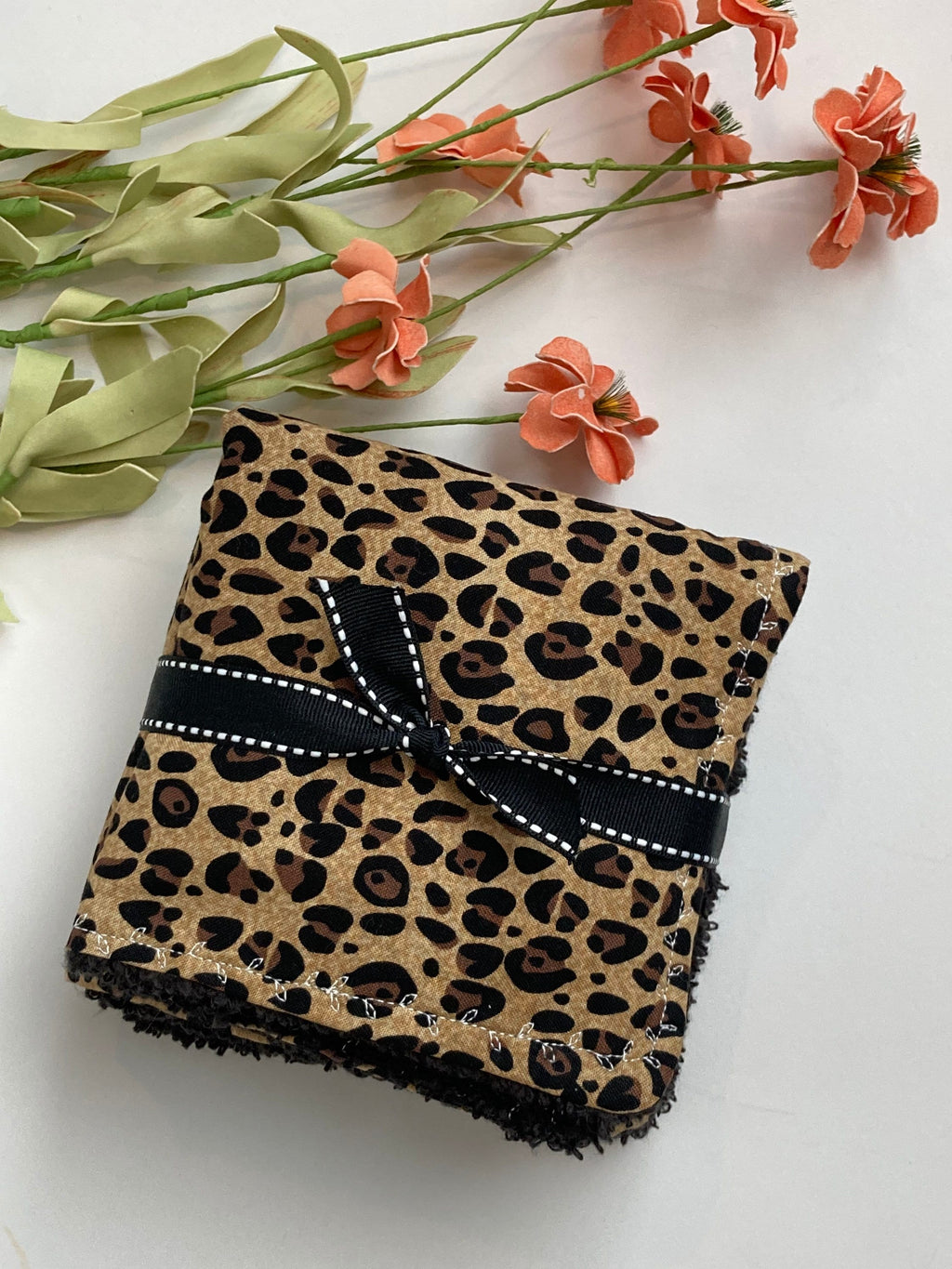 Personalize make up removal wash cloths in leopard cotton print with terry cloth back, mom gift set of 3, special gift with monogram option