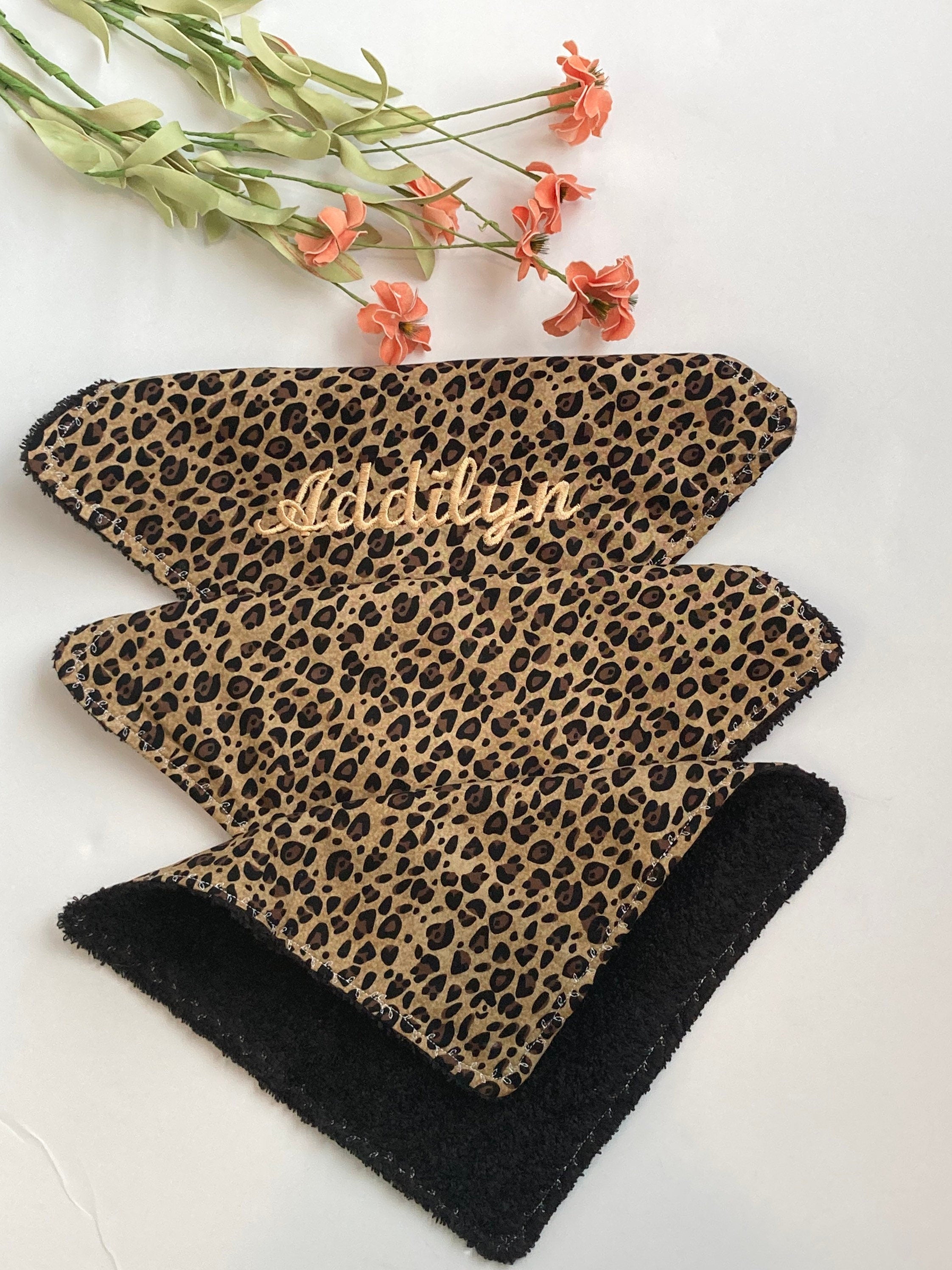 Personalize make up removal wash cloths in leopard cotton print with terry cloth back, mom gift set of 3, special gift with monogram option