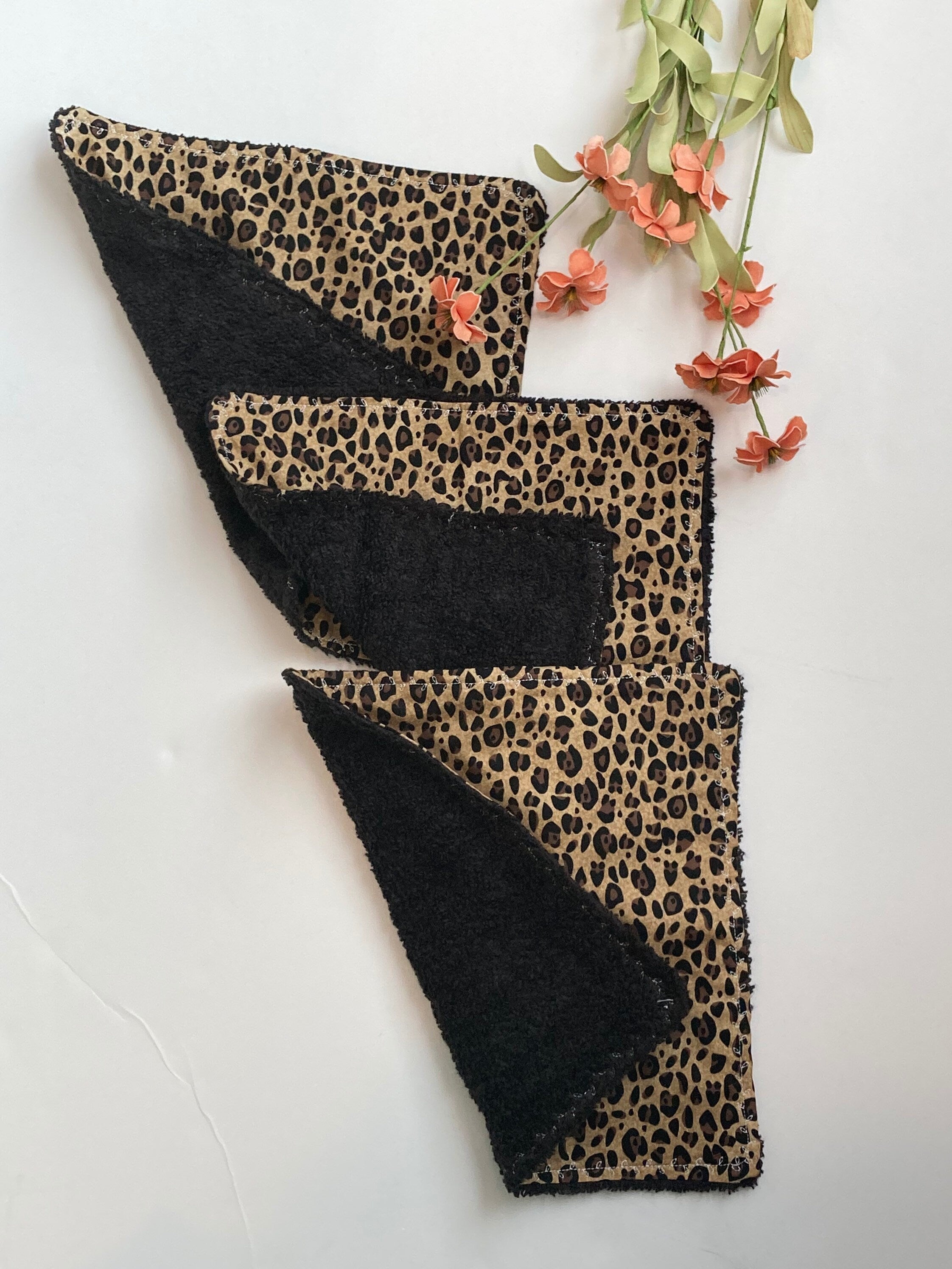 Personalize make up removal wash cloths in leopard cotton print with terry cloth back, mom gift set of 3, special gift with monogram option
