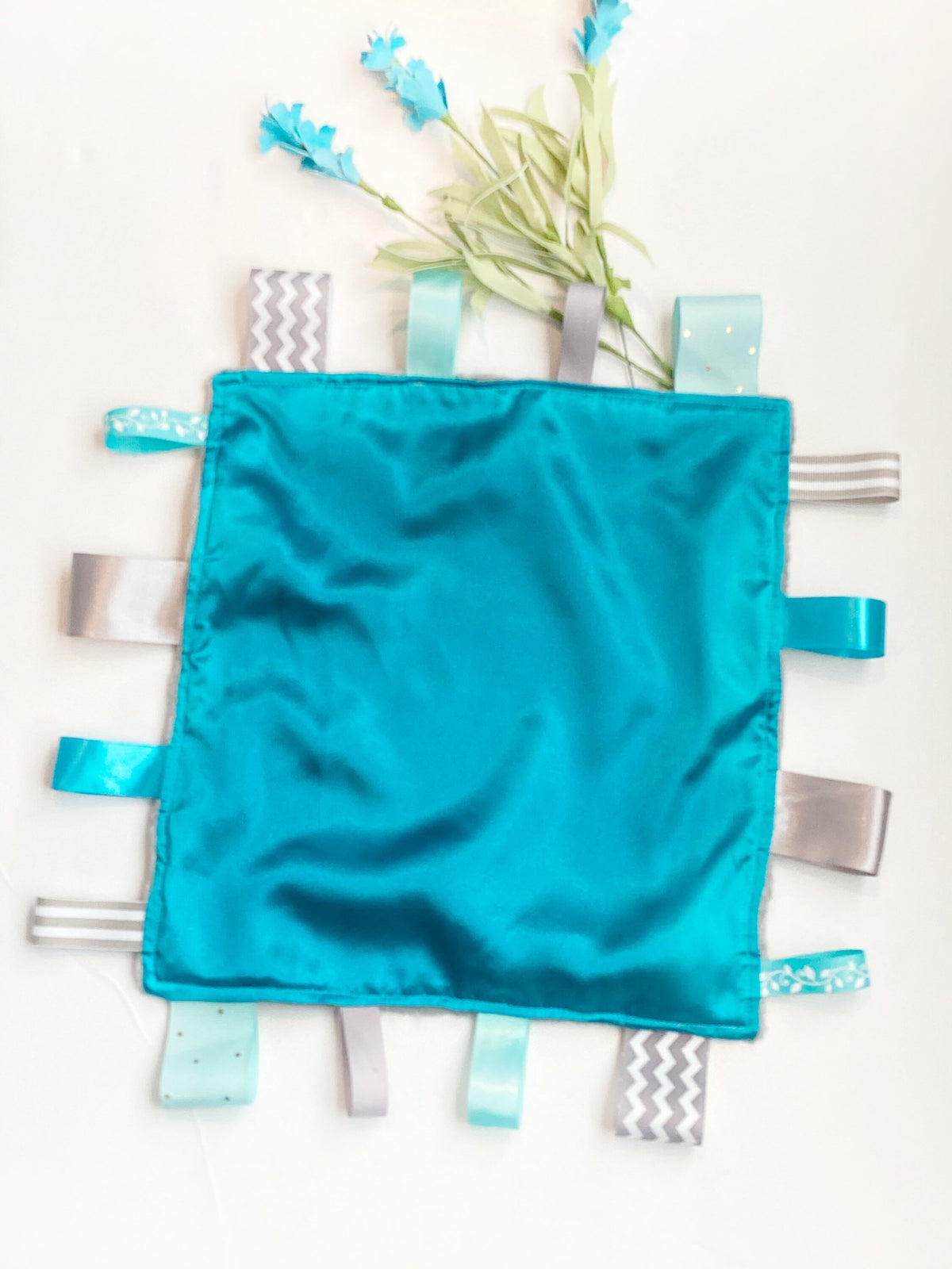 Satin and minky sensory Blanket lovey with ribbon tags and  personalize option, sensory baby shower gift boy or girl lovey 12" color choice