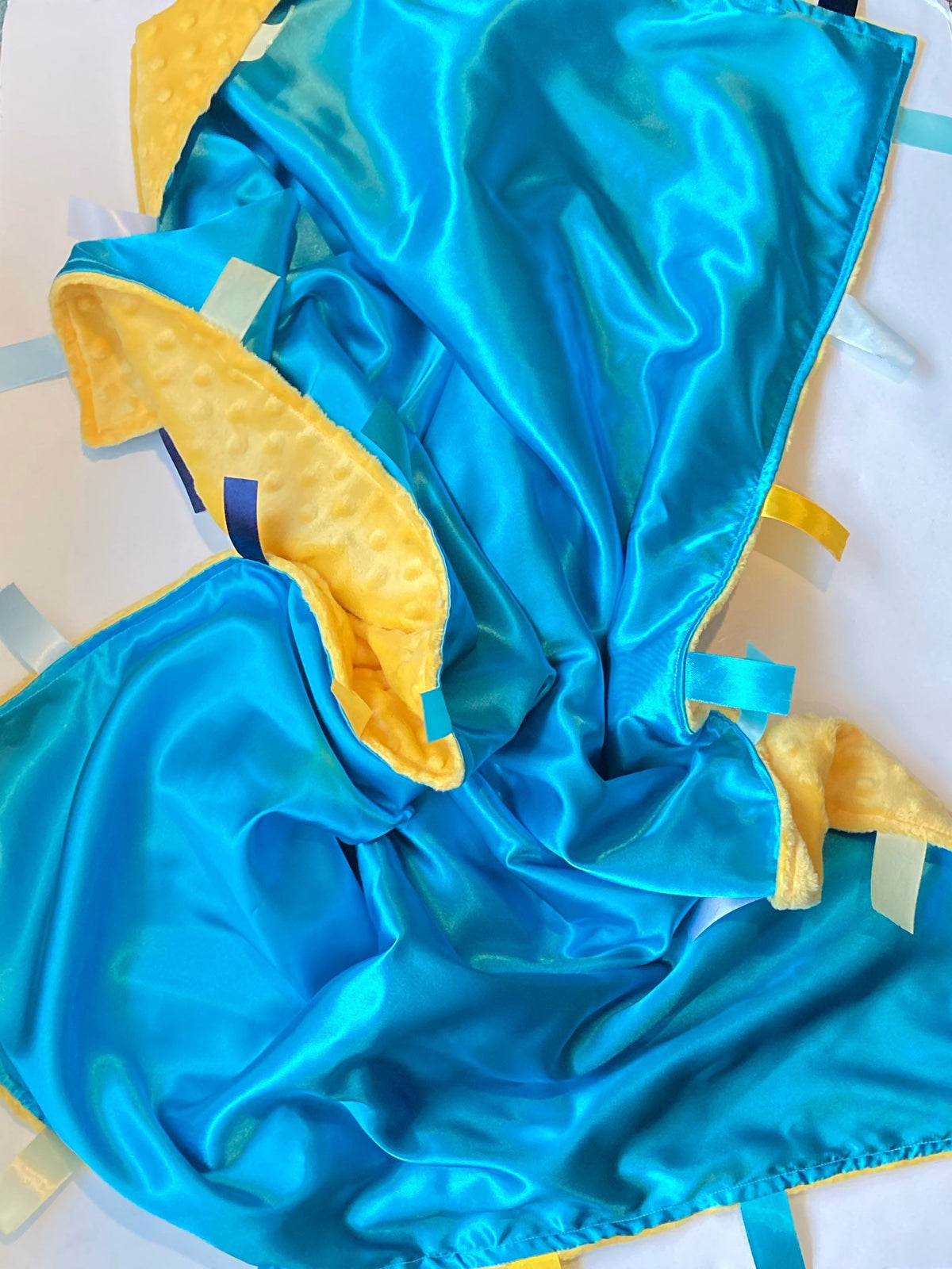 Personalize Satin and minky 30” x 40” large sensory Blanket with ribbon tags for girl or boy, baby or toddler, choose colors