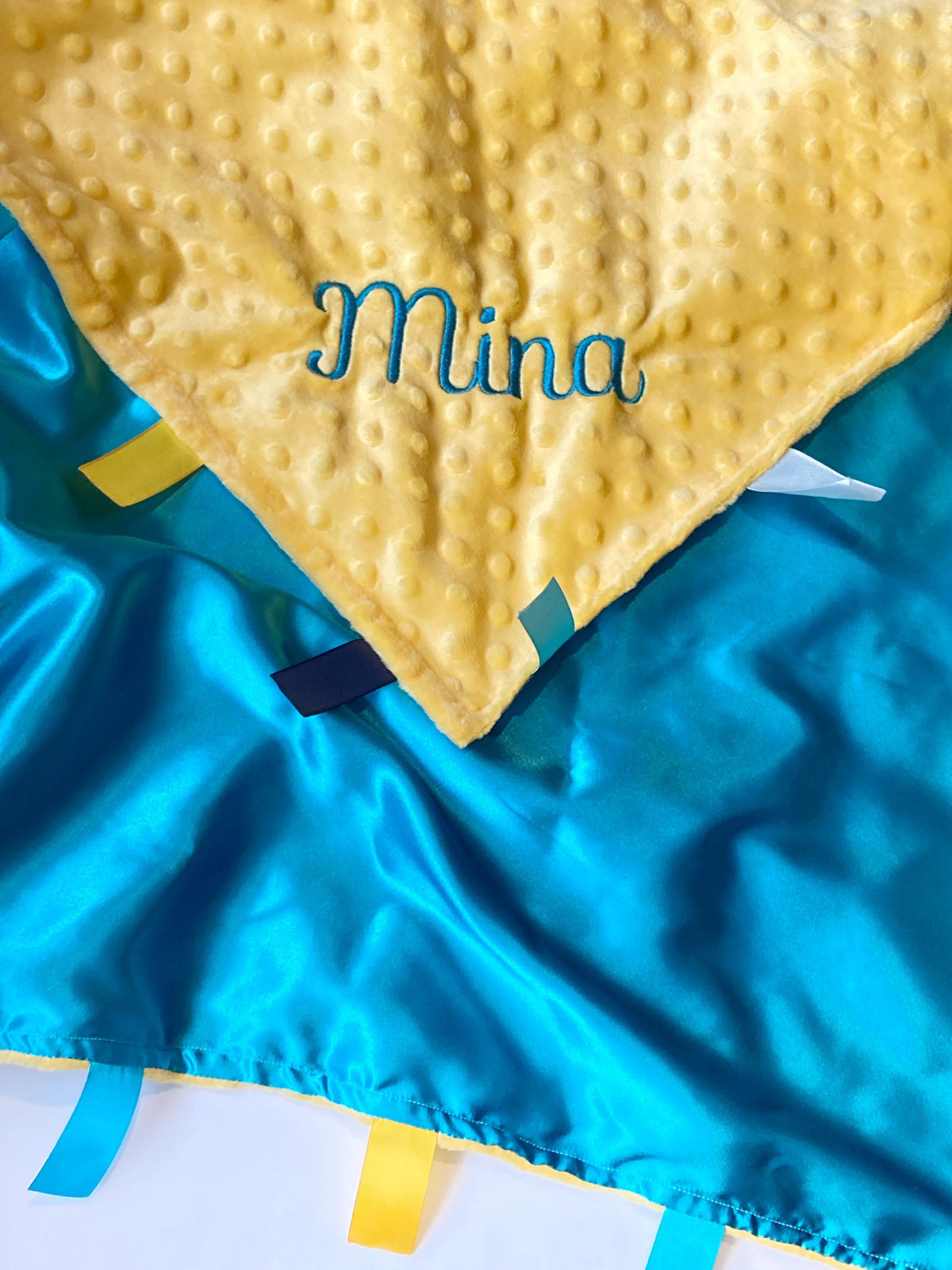 Personalize Satin and minky 40” x 60” large sensory Blanket with ribbon tags for girl or boy, baby or toddler, choose colors