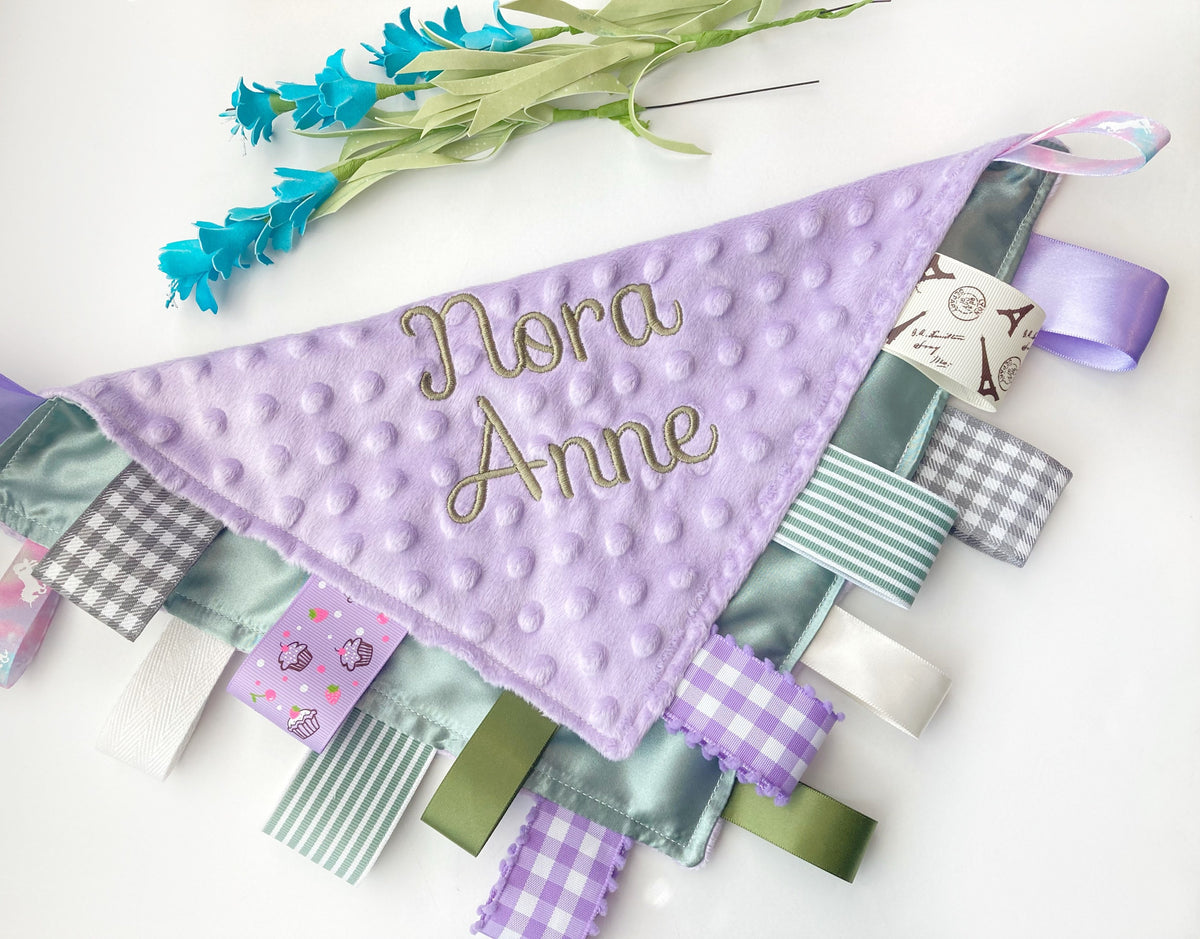 Pastel mint green satin and minky sensory lovey with ribbon tags and personalize option, gift for boy or girl 12" size with color choices